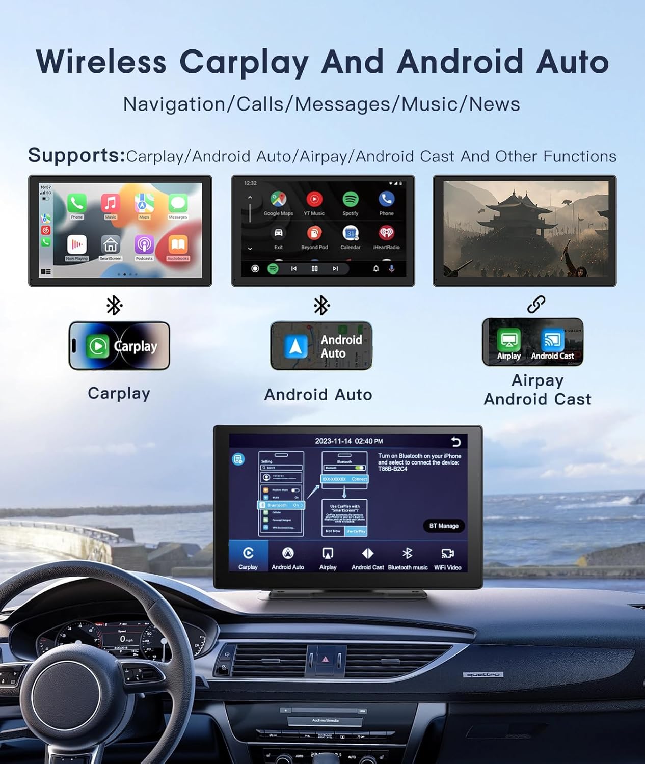 9-Inch CarPlay Screen for Car, Portable Car Stereo with Dual Dash Cam, Bluetooth, CarPlay, Backup Camera, Touchscreen, Android Auto & Wide Angle Lens