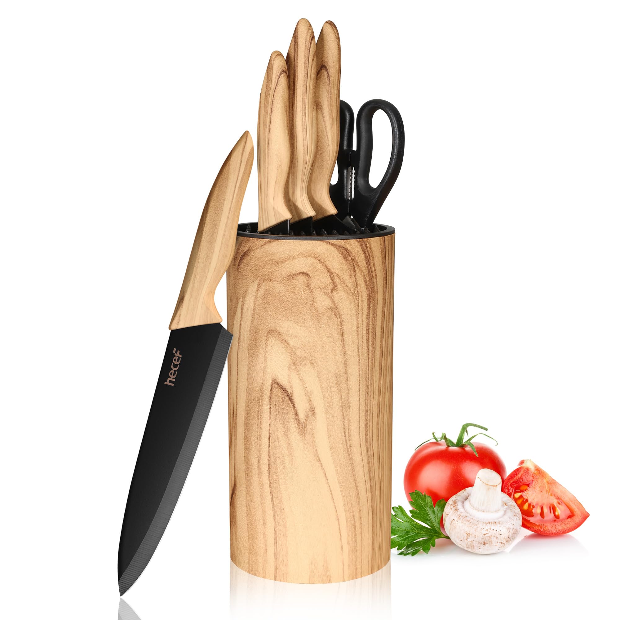hecef Vintage Kitchen Knife Set of 6 with Block Stainless Steel Blade with Black Non-stick Coating Sharp Kitchen