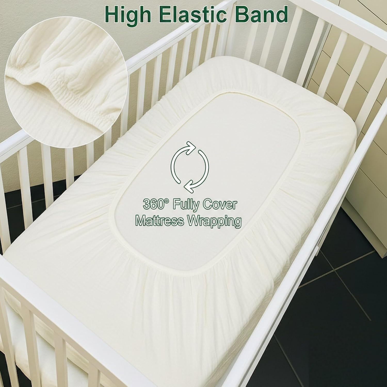 2 Pack Ivory Muslin Crib Sheets for Boys & Girl- Neutral Breathable Cotton Crib Mattress Sheets Fitted for Standard 28"x 52"- Nursery Décor No Slip Crib Bed Sheets