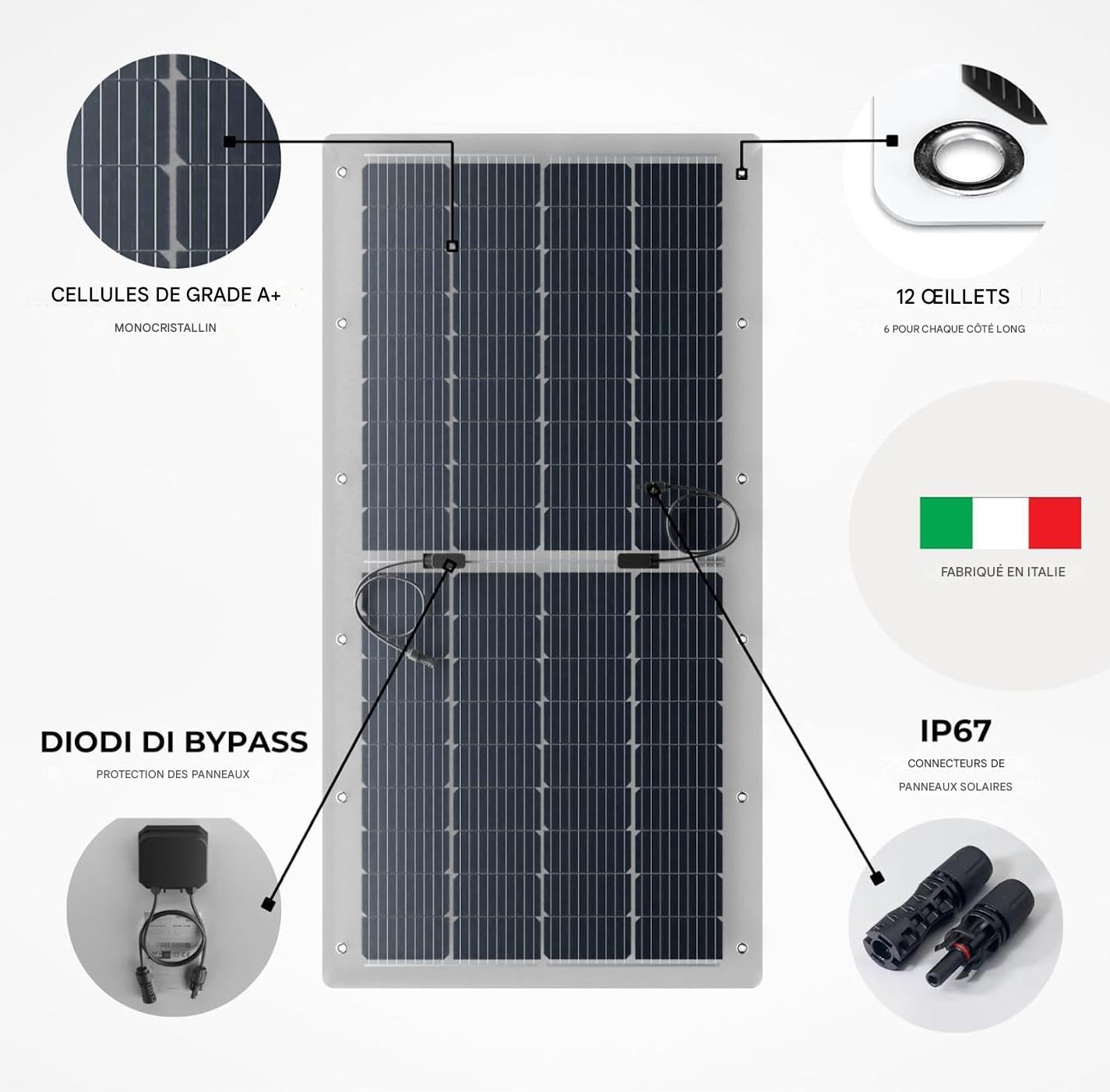 Kit de 2 paneles solares flexibles 410 W Microinversor y cable – Módulo monocristalino IP65 ultra fino 162 × 77 × 0,3 cm – Panel fotovoltaico Plug and Play de balcón fácil de instalar