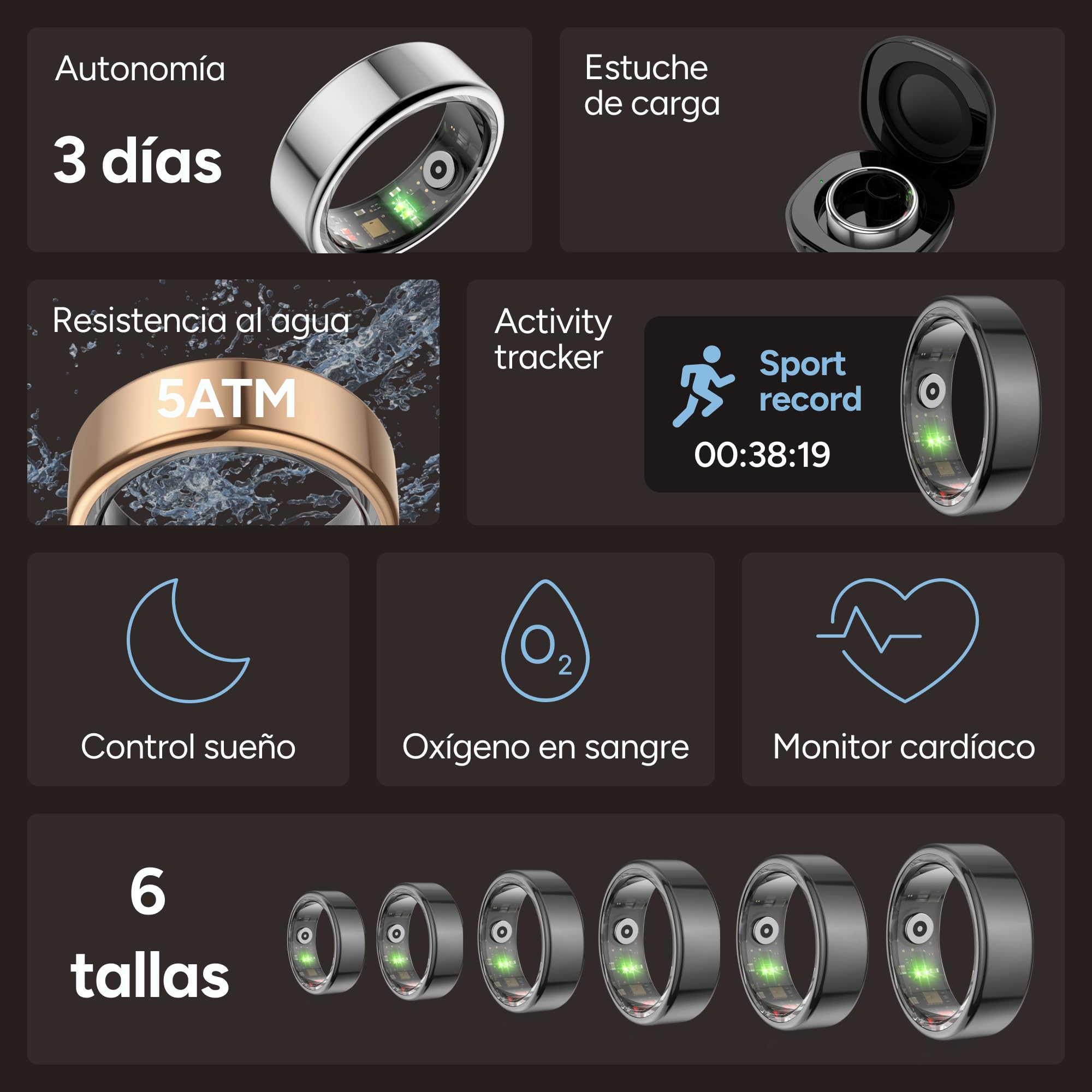KSIX Saturn Anillo Inteligente Hombre y Mujer con Monitor de Actividad Pasos y Calorías - Smart Ring Que Mide Oxígeno en Sangre, Monitor Cardíaco, Control de Sueño - 3 Días Autonomía - XS - Dorado