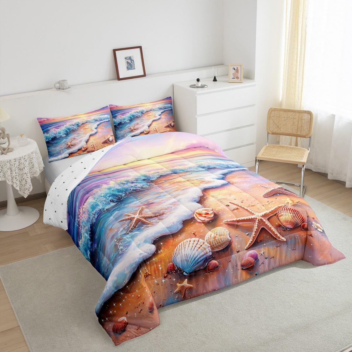 Erosebridal Beach Bedding Set King Size for Kids Teens Adults Colorful Shell Starfish Print Comforter Set Ocean Theme Comforter Coastal Sunset Home Room Decor Soft Waves Quvet Quilt