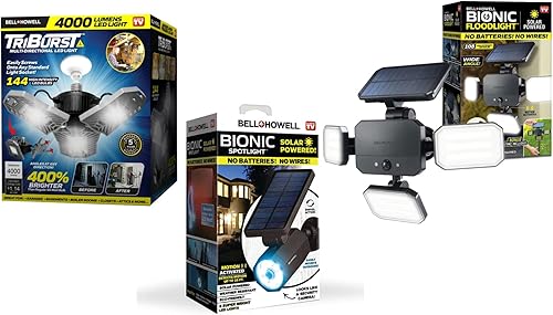 Bell+Howell Paquete de luces para interiores y exteriores, Triburst Plus Solar Bionic Reflector y foco de seguridad con sensor de movimiento,