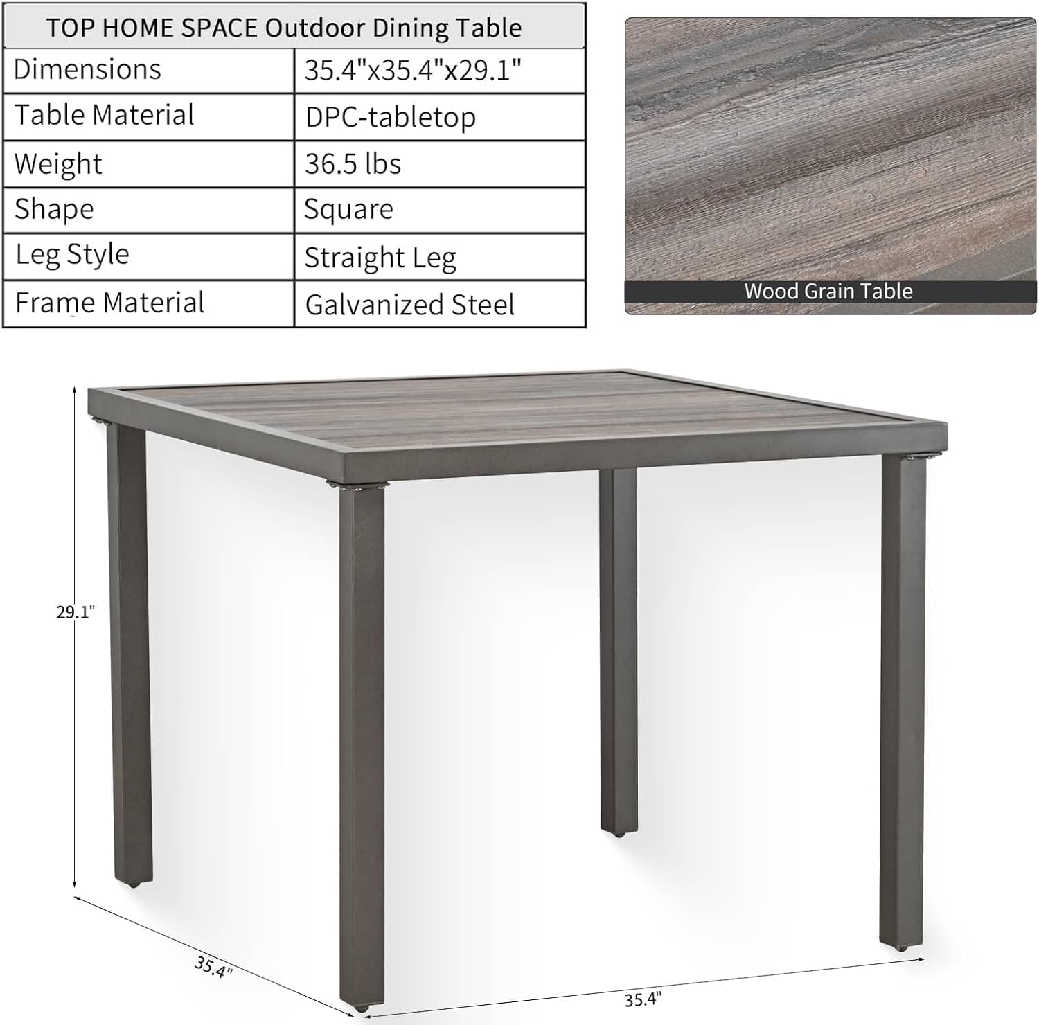 Outdoor Dining Table 35.4" Square Metal Patio Table for 4 with Wood Grain Tabletop Galvanized Steel Frame