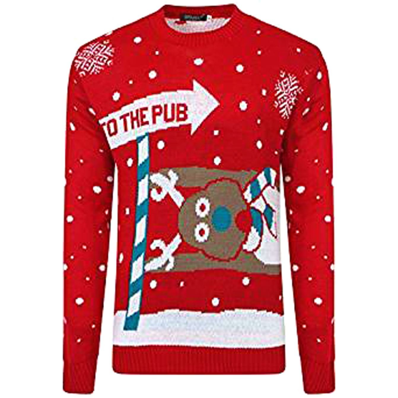 GOSTYLES Unisex “to The Pub” Christmas Jumper, Funny Reindeer Xmas Sweater for Men & Women, Festive Novelty Knitwear for Holiday Parties, Ugly Christmas Jumper (Red, XXL)