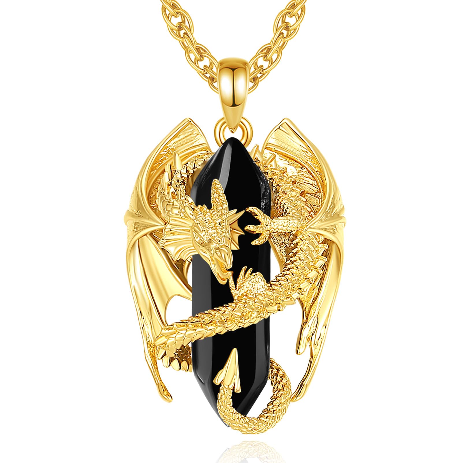 INFUSEU Kristall Drachen Kette, Nordischer Drache Gewickelter Zylinder Edelstein Kristall Anhänger Sechseckiger Heilkristall Anhänger Gothic Naturkristall-Schmuck Geschenk für Männer Frauen