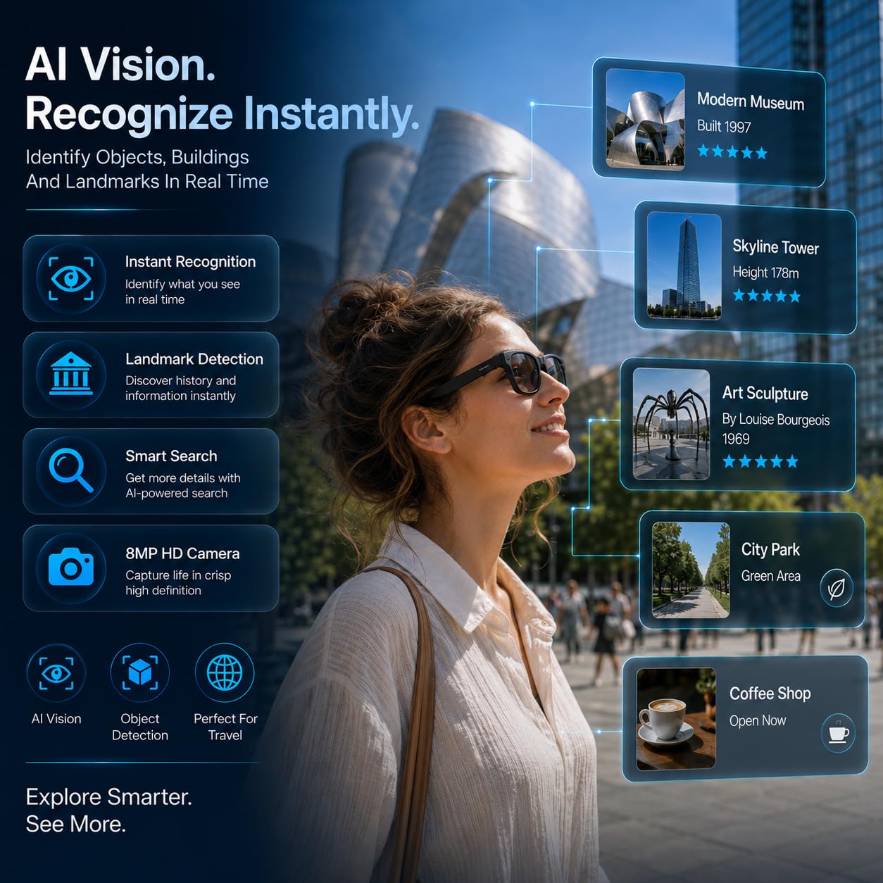 Occhiali con Telecamera HD 8MP, Video, Traduzione in Tempo Reale, Assistente Vocale AI Riconoscimento AI Chiamate e Musica, Occhiali Smart Glasses Lenti Anti Luce Blu, Occhiali da sole Intercambiabili