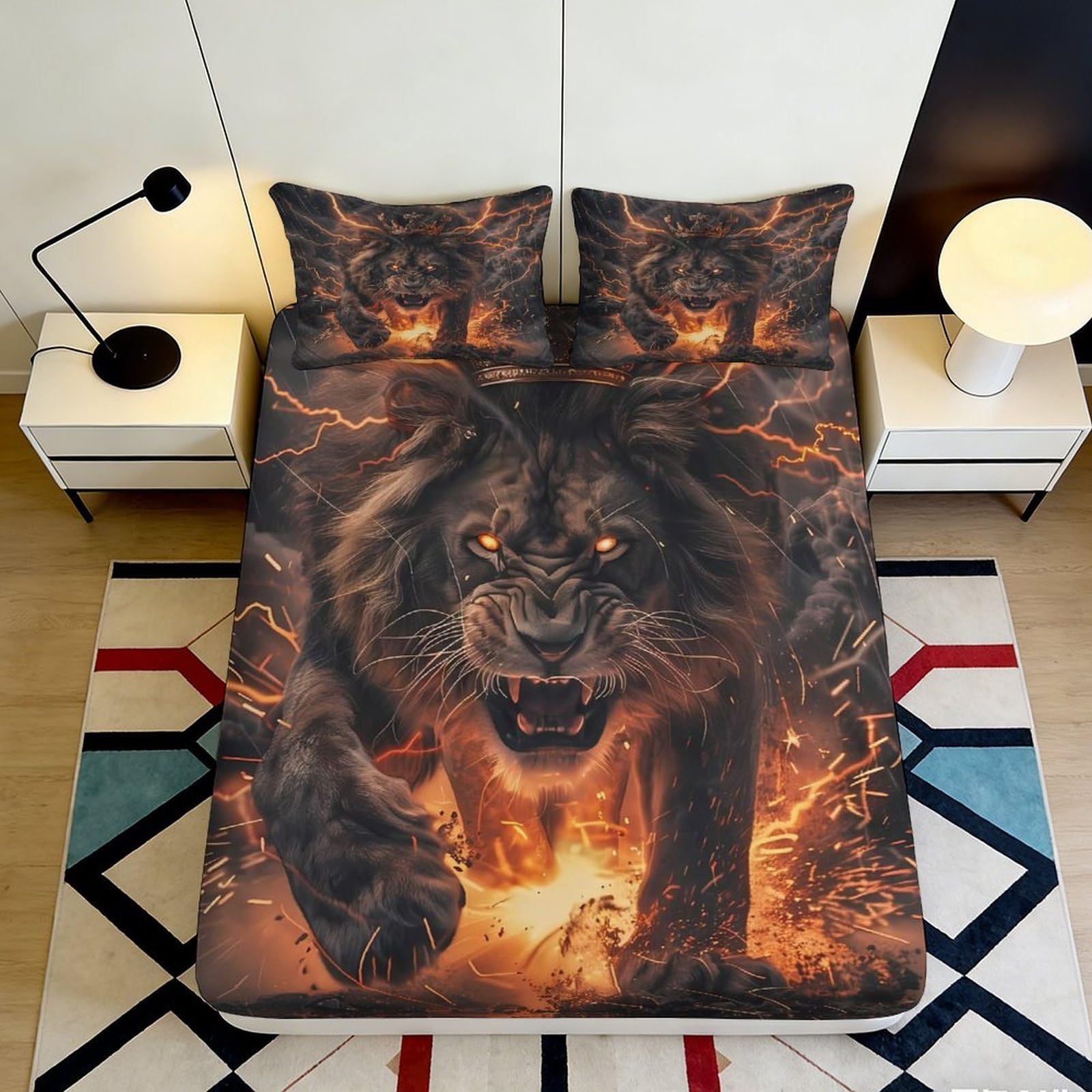 3D Printed Fiery Lion Fitted Sheet Microfiber Soft Breathable Lightning Bed Cover for Bedroom Dorm Mattress Protection Decor 90x200x25cm