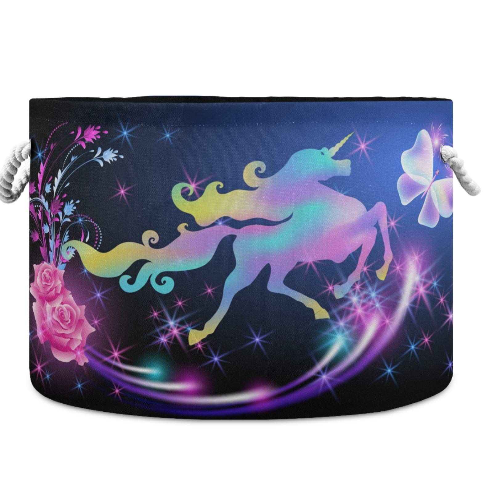 visesunny Storage Basket Unicorn Flying Butterfly Rose Star Nursery Hamper Canvas Fabric Toy Storage Organizer Bin Waterproof Storage Box Laundry Basket for Kid Rooms,Playroom,Shelves,Toy Basket,Gift