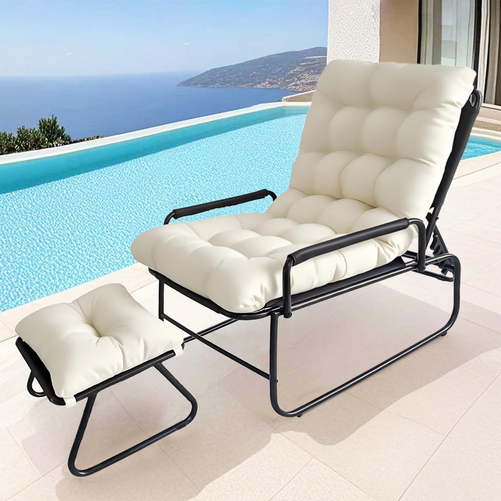 Tumbonas Jardin Exterior, Sillon Jardin Exterior, Tumbona con Taburete, Cojín Extraíble, 4 Posiciones Respaldo Ajustable, Sillones para Jardín, Terraza, Balcón (Beige)