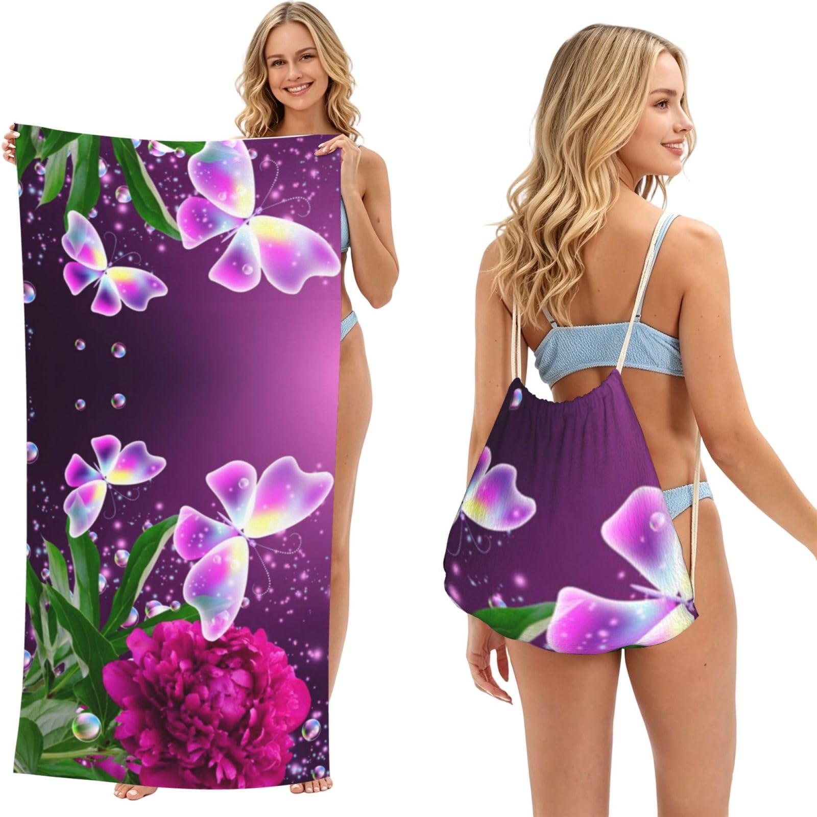 WSHFFILO Beautiful Purple Butterfly Floral printed 2 in 1 Packable Towel Bag Bath Towel Beach Towel