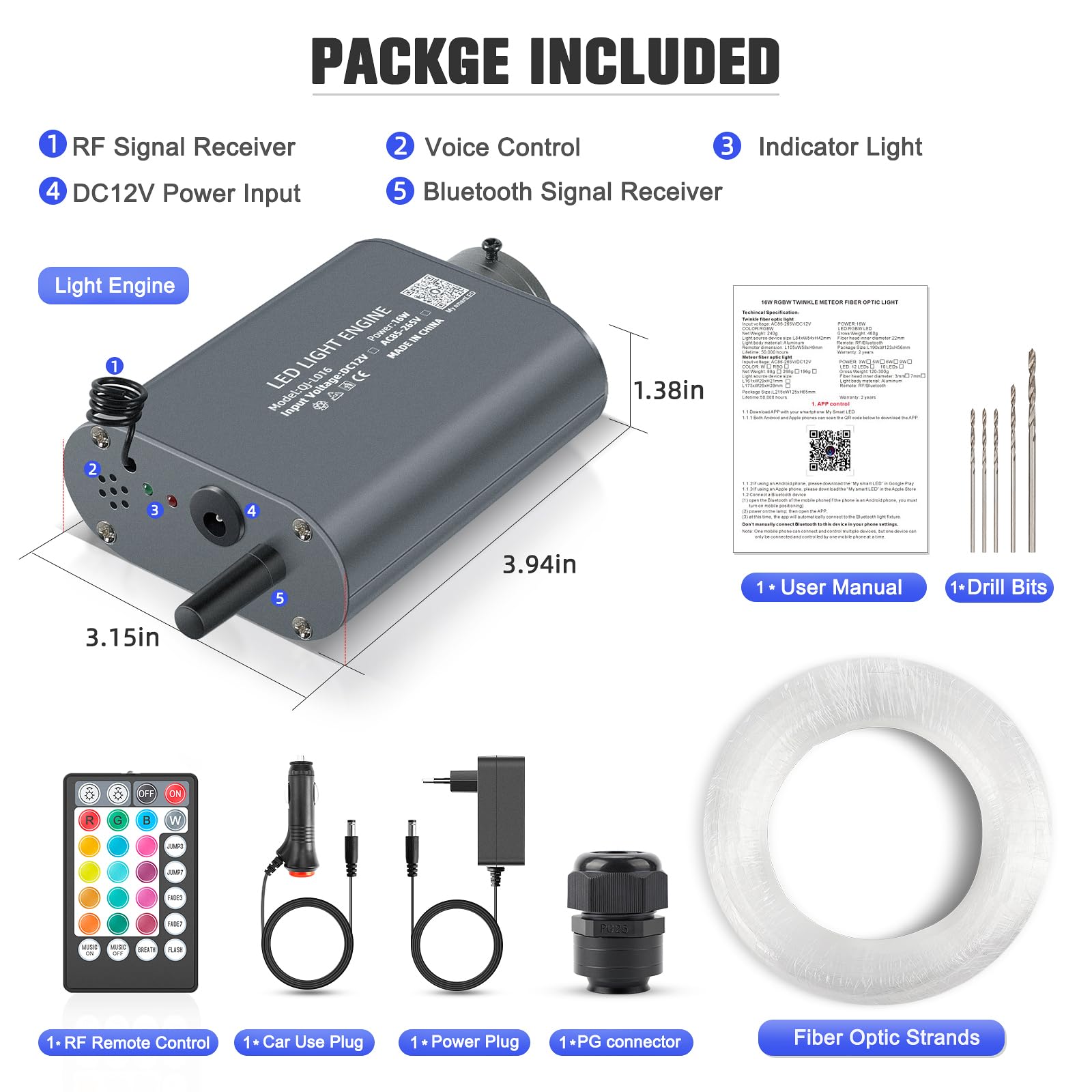 16W RGBW LED Fibra Ottica, 260pcs*0.75mm*2m Cielo Stellato LED Con APP Bluetooth/Remote/Controllo Musica Kit di Plafoniere Star, Fibra Ottica Cielo Stellato per Auto/Casa/Teatro