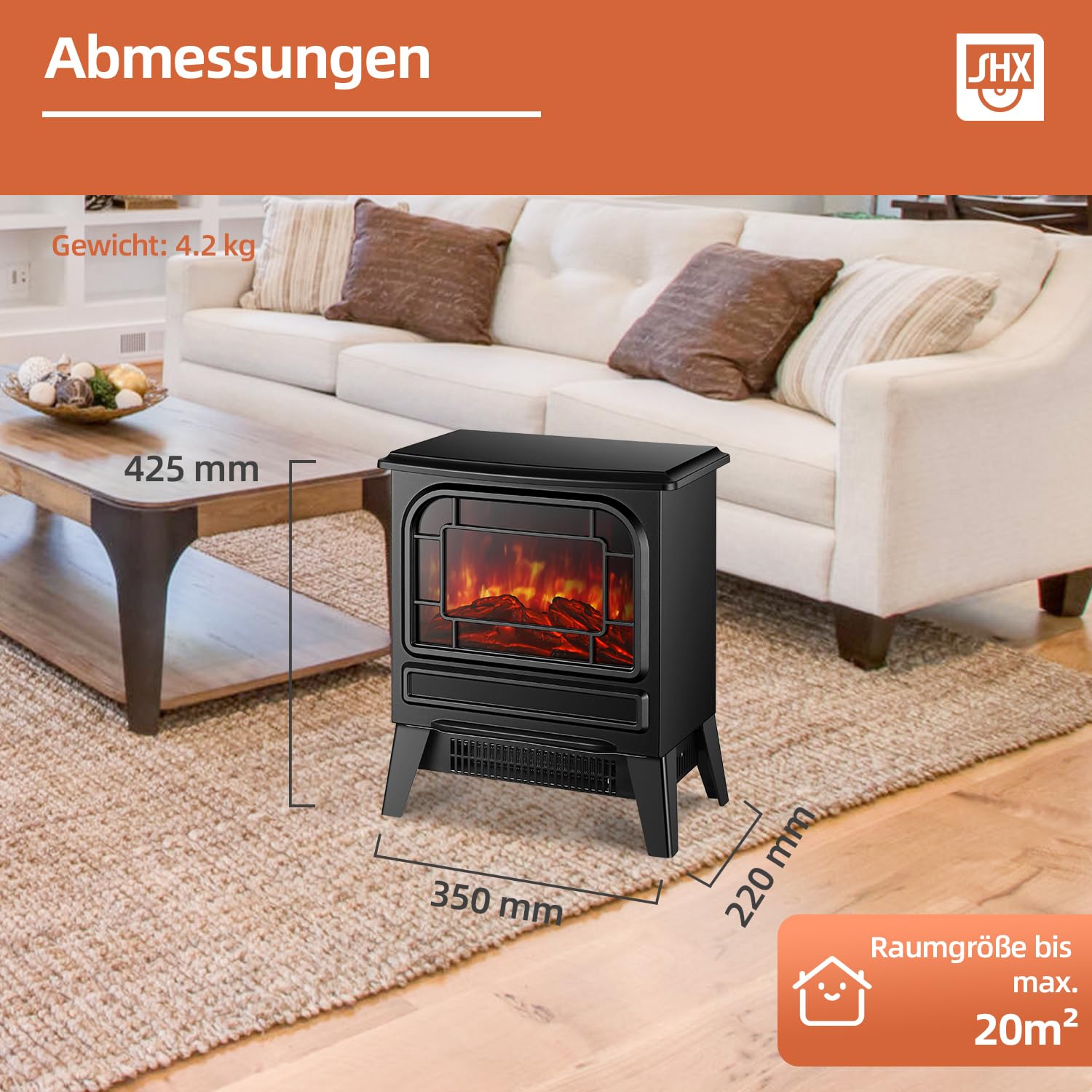 Elektrokamin mit Heizlüfter 1950W Elektro Kamin Elektrischer Heizung LED Kaminfeuer Effekt Kaminofen Flammeneffekt Heizer Ofen geräuscharm regelbar Schwarz