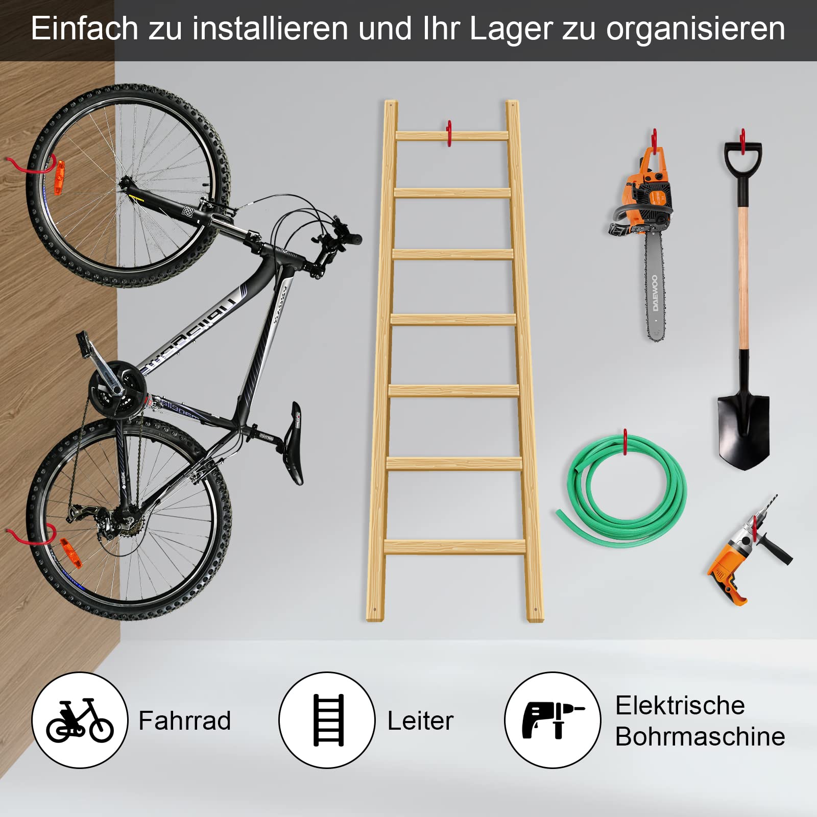 Ganci Da Parete Per Bici E Attrezzi - Set Da 8 Pezzi In Acciaio Con Rivestimento Antigraffio | Nero - Foto 3