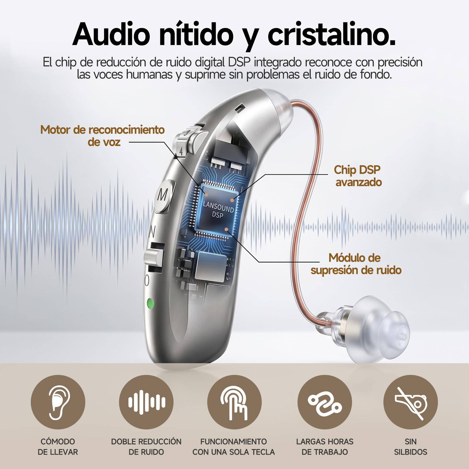 dispositivo con reducción digital de ruido, ganchos para las orejas flexibles de TPE para una comodidad óptima, Carga Rápida USB-C, Autonomía 40h (Plata - 1 Unidad)