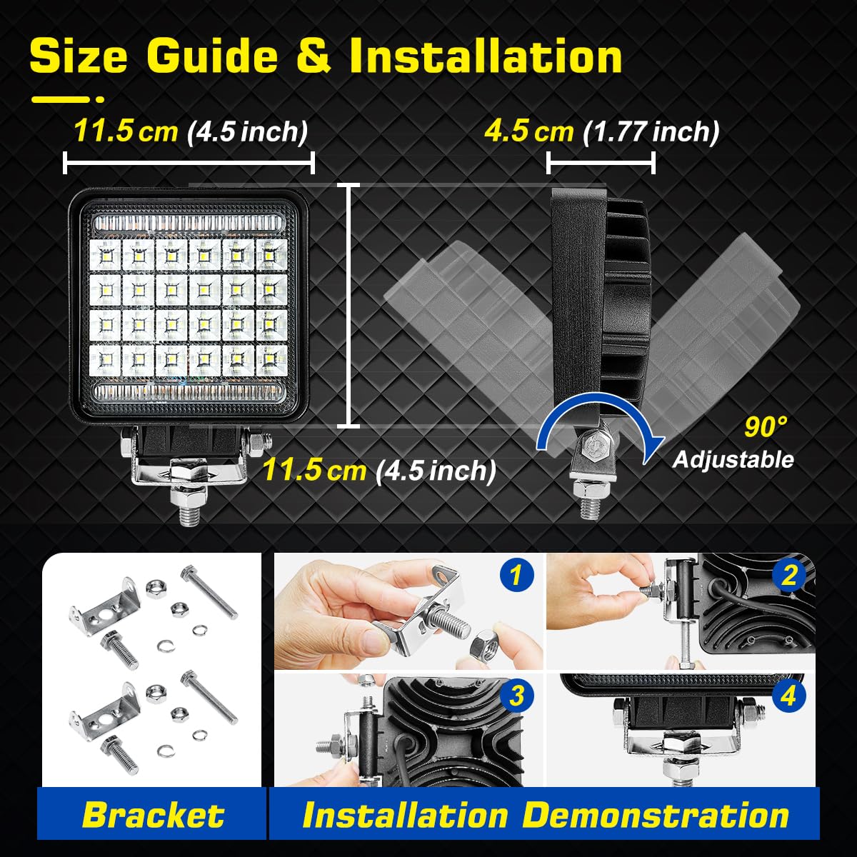 WOWLED Luce Da Lavoro A LED Quadrata 72W - Bianca/Ambra Per Fuoristrada (Kit Con Cablaggio) - 5
