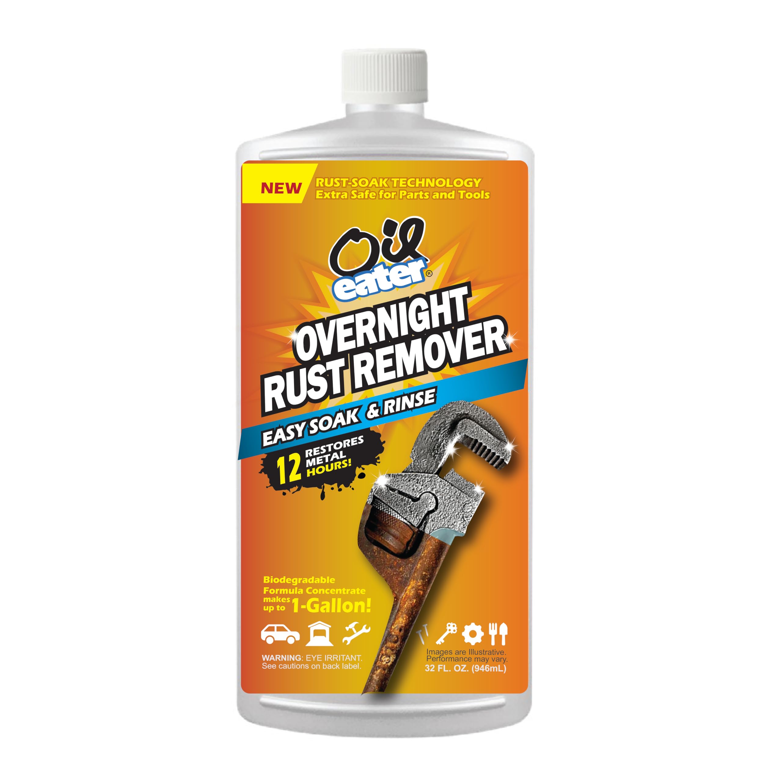 Overnight Rust Remover - Safe & Easy Soak for Tools, Auto Parts, Antiques, 32oz Concentrate - Makes 1-Gallon