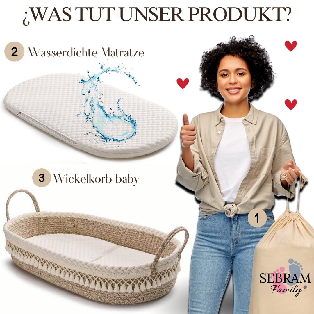 SEBRAM Wickelkorb Baby – Handgefertigte Wickelauflage mit Liebe, Wasserdichte Matratze und Tragetasche | Sicher & Schön fürs Babyzimmer – Farbe: Beige