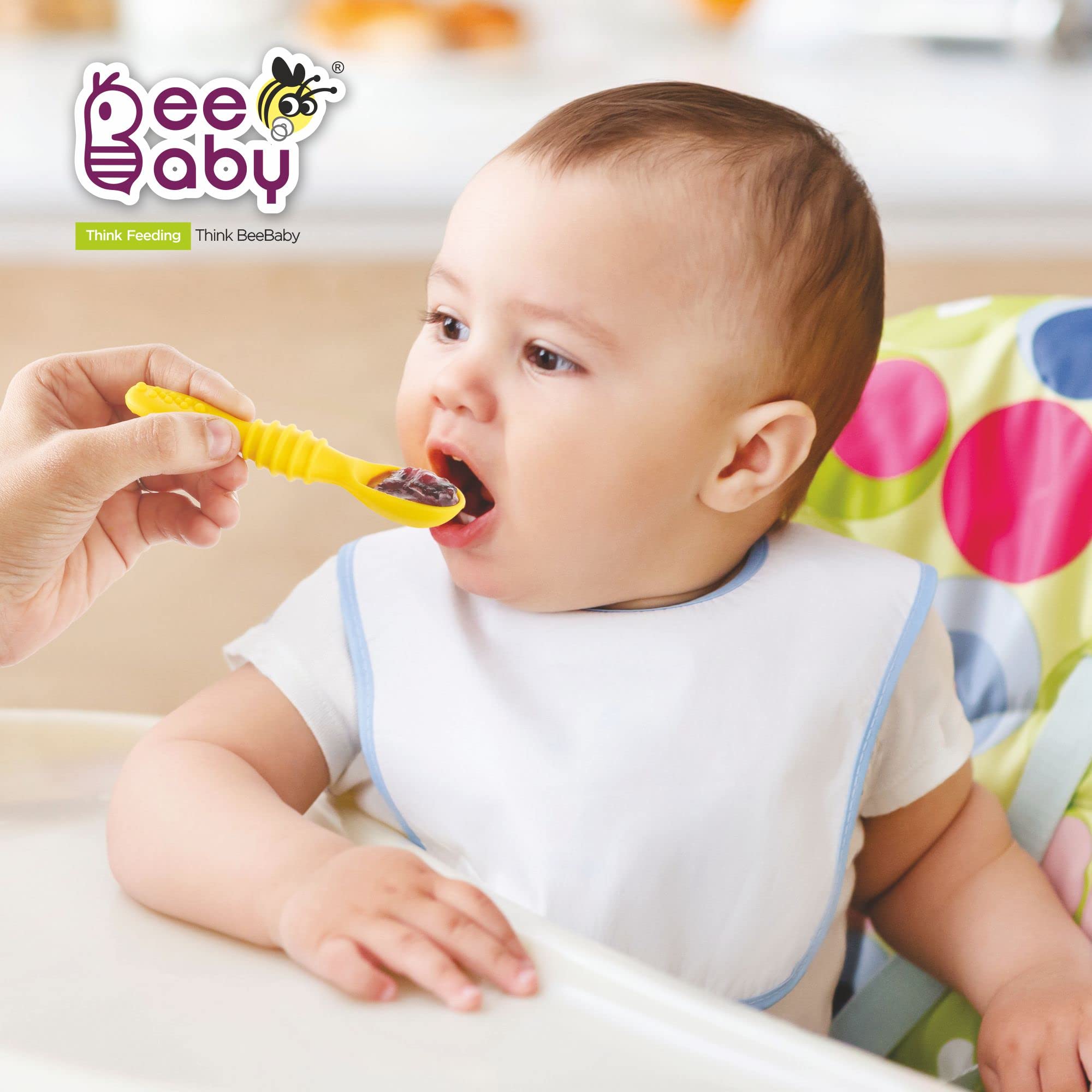BeeBaby Smushee Silicone Spoon for Baby 6 to 12 Months, Self Feeding Baby Spoon, Soft Silicone Baby Led Weaning Utensils, BPA Free First Stage Weaning Set for Infants, Pack of 2, Yellow 4