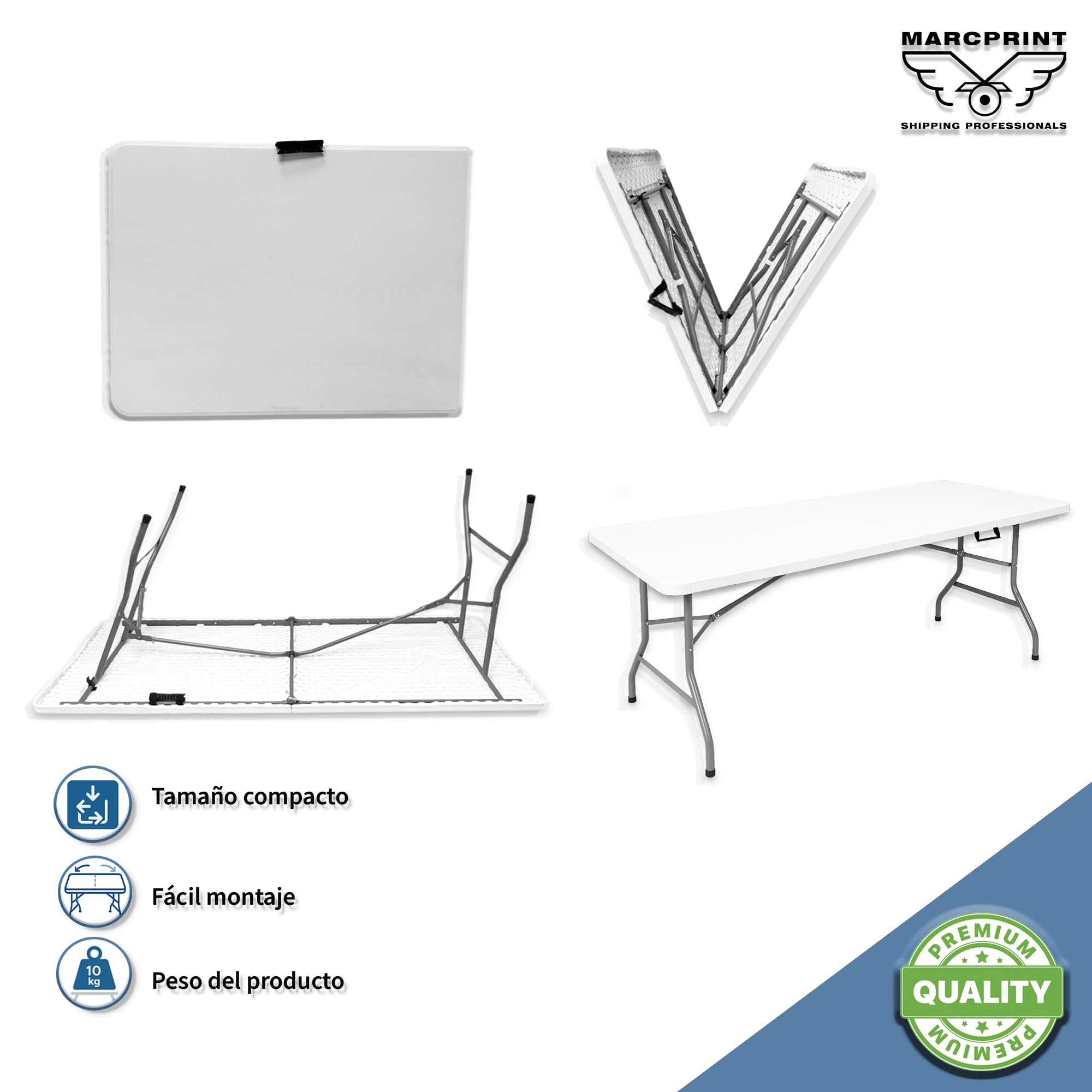 MARCPRINT - Mesa Plegable 180 x 70 cm Interior y Exterior, Carga 150 kg Asa de Transporte Plegado por la Mitad Patas de Acero Altura 74 cm para Camping, Eventos, Comedor, Resina HDPE Color Blanco — view 5