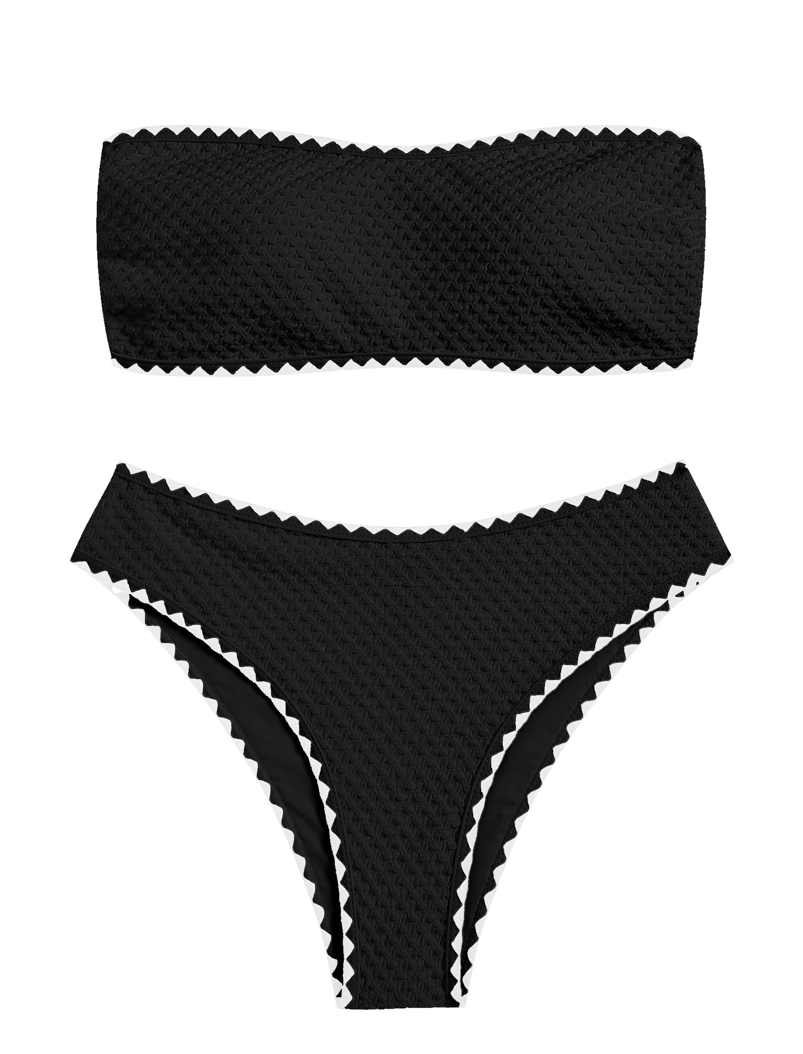 ZAFUL Women's Strapless Bandeau Bikini 2 Piece Swimwear Cheeky Solid Pom Bathing Suits(9-Black,S), Small