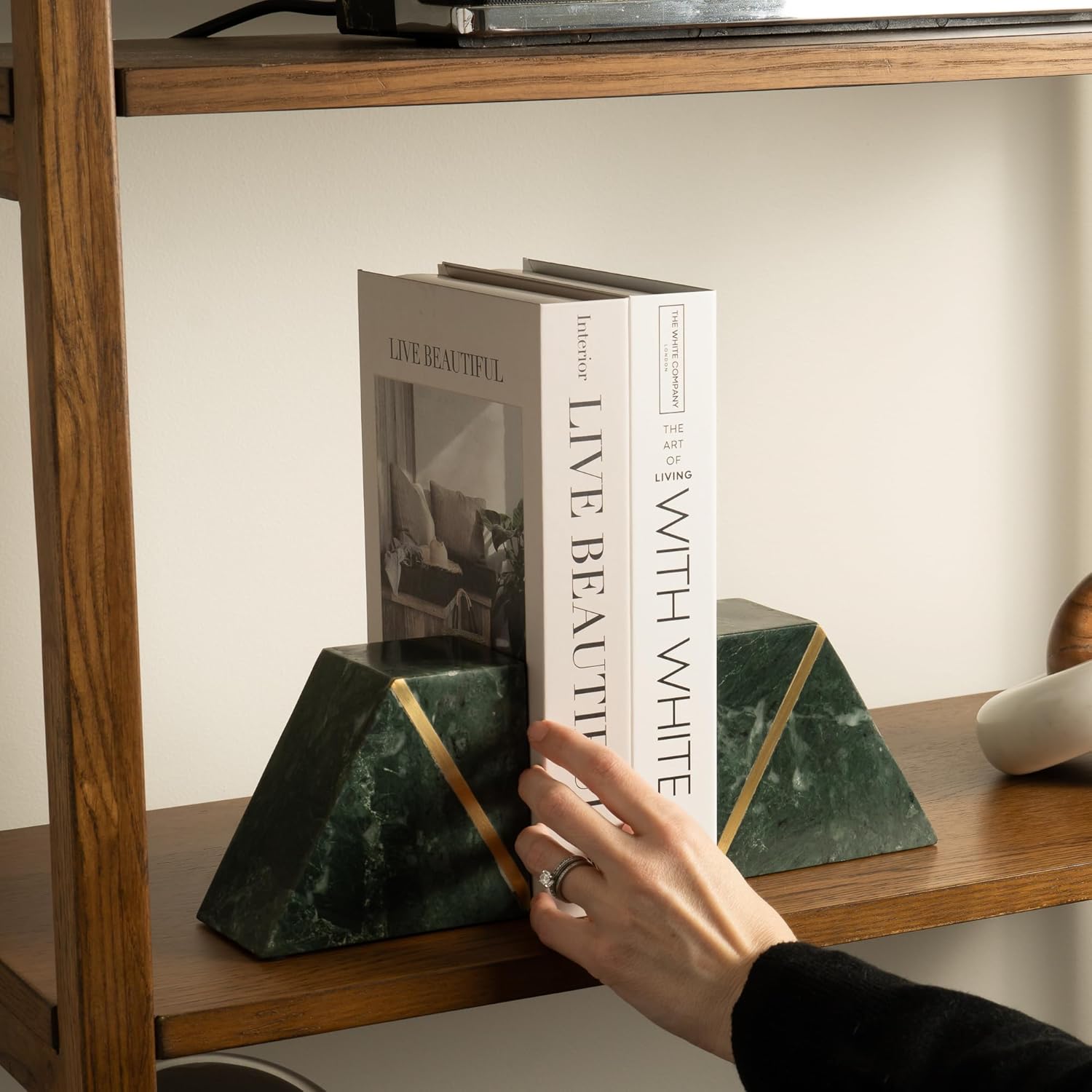 Cork & Mill Marble Bookends, Heavy Book Ends for Shelves, Handcrafted Solid Marble Bookshelf Decor, Decorative Green Book Stoppers with Gold Brass Accent, Non-Skid Bottom, Set of 2