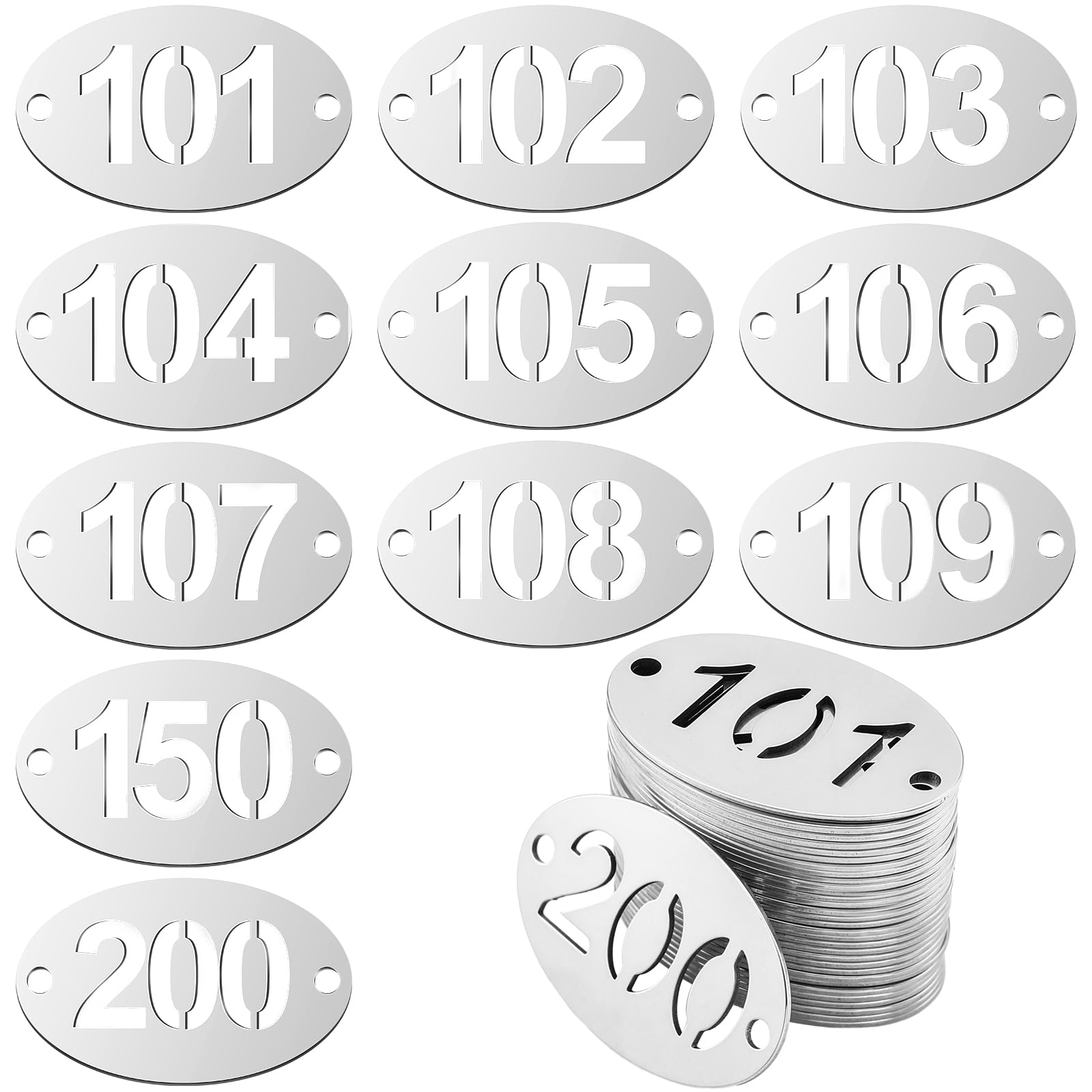 Hicarer Metal Numbered Tags Stainless Steel Number ID Key Tags with Holes Numbered Key Rings Chain(101-200, Oval,1.57 x 0.79 Inches)