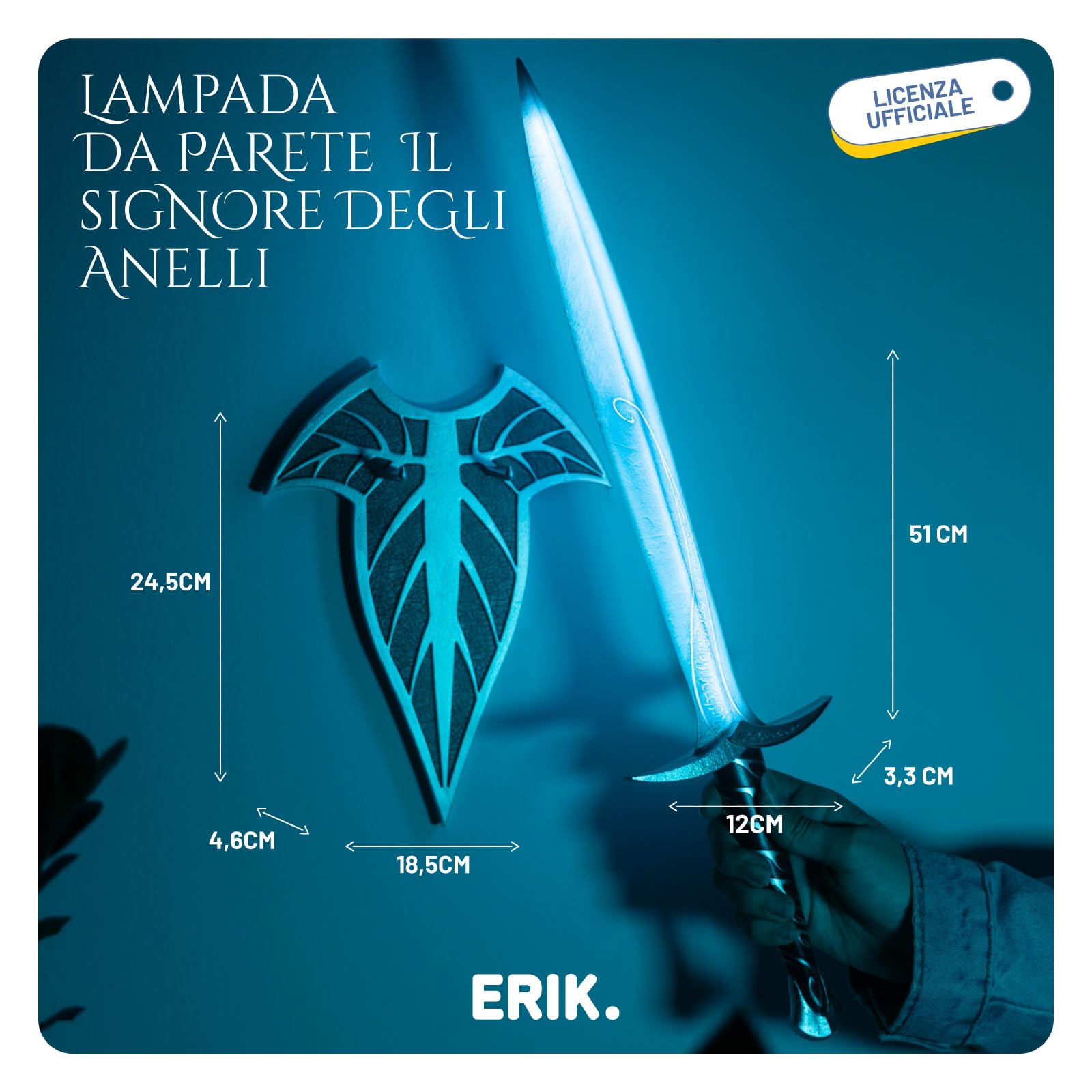 Grupo Erik Signore degli Anelli Lampada da Parete Spada Pungolo | Luce LED | Luce LED Blu, Supporto da Parete, Ricaricabile, Cavo USB-C, 51 x 12,5 x 3,3 cm, Lord of the Rings