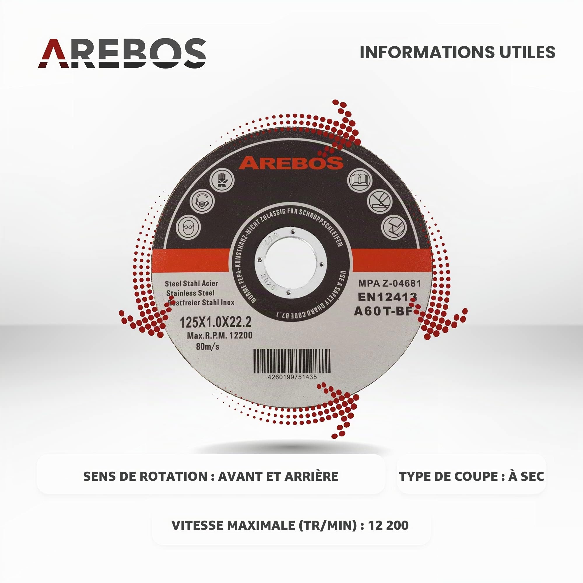 Arebos disques à tronçonner Ø 125 mm, 100 pièces | convient pour l'acier, l'acier inoxydable, l'inox, le fer, la tôle, le métal | aller et retour | EN 12413 | certifié par le Materialprüfungsamt (MPA)