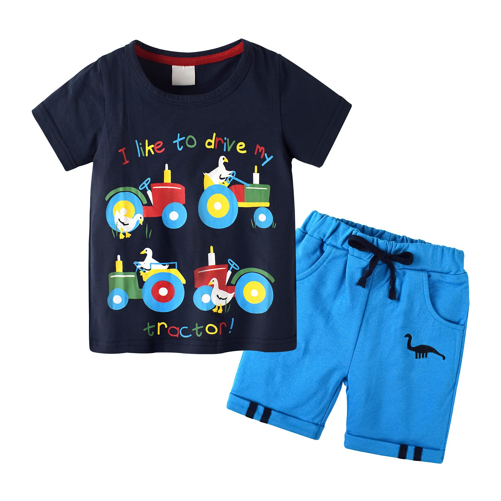 YilakuKids Boy Clothes Top + Shorts 2 PCs Outfits Sets Print Tee Solid Shorts Summer Sets Age 6-7Years