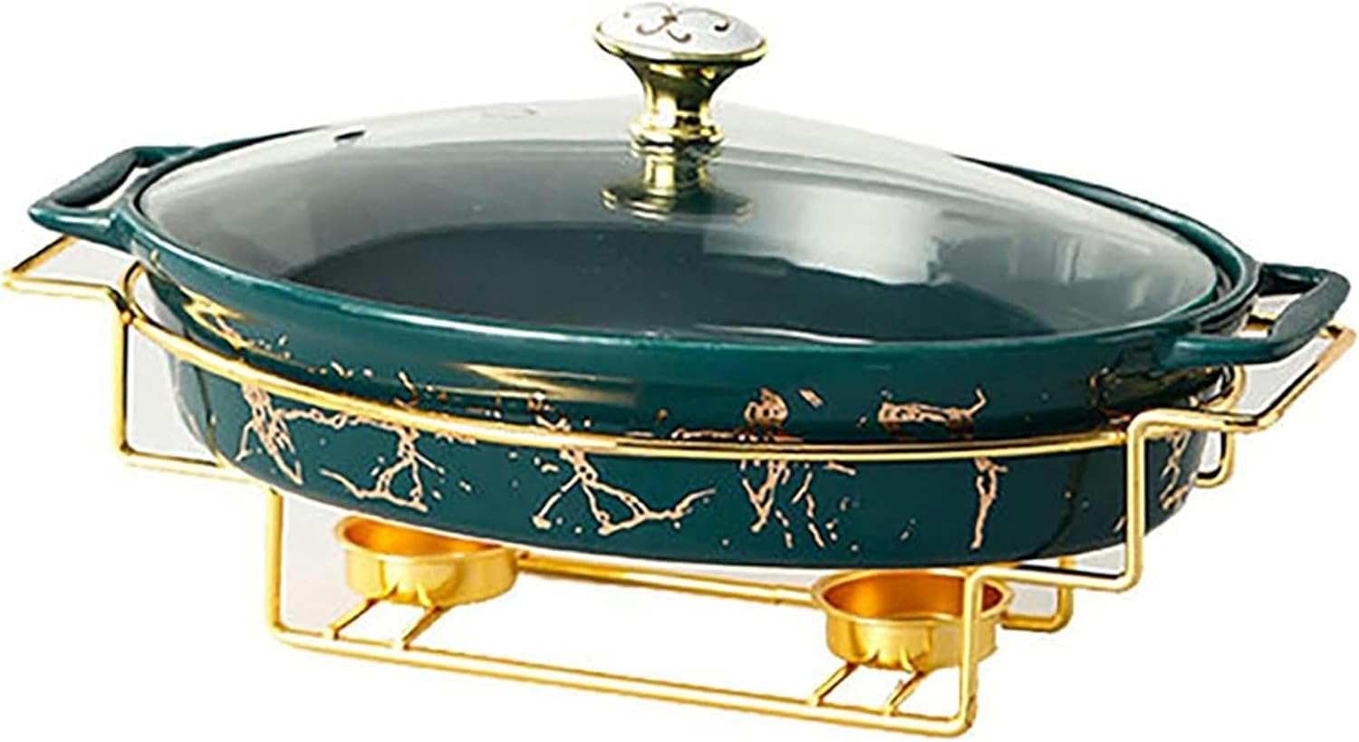 Ceramic Chafing Dish Buffet Set with Imitation Marble Finish, 1.05 Quart Buffet Warmer for Weddings, Parties, Banquets & Catering Events(Green) (Green)