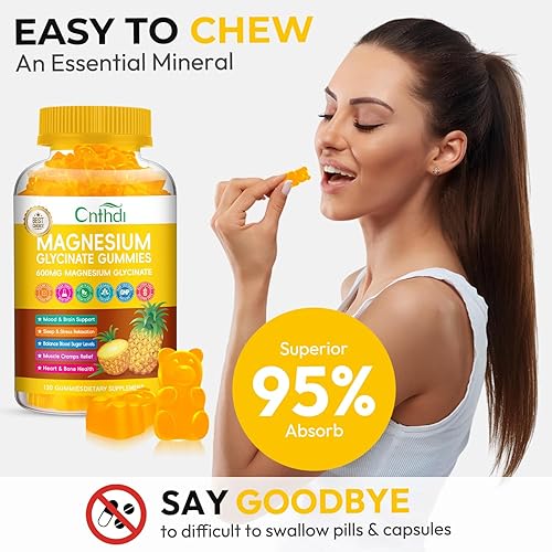 Miniatura 6 de Gomitas de glicinato de magnesio de 600 mg, gomitas de magnesio masticables sin azúcar para hombres y mujeres, apoya la rutina nocturna y el