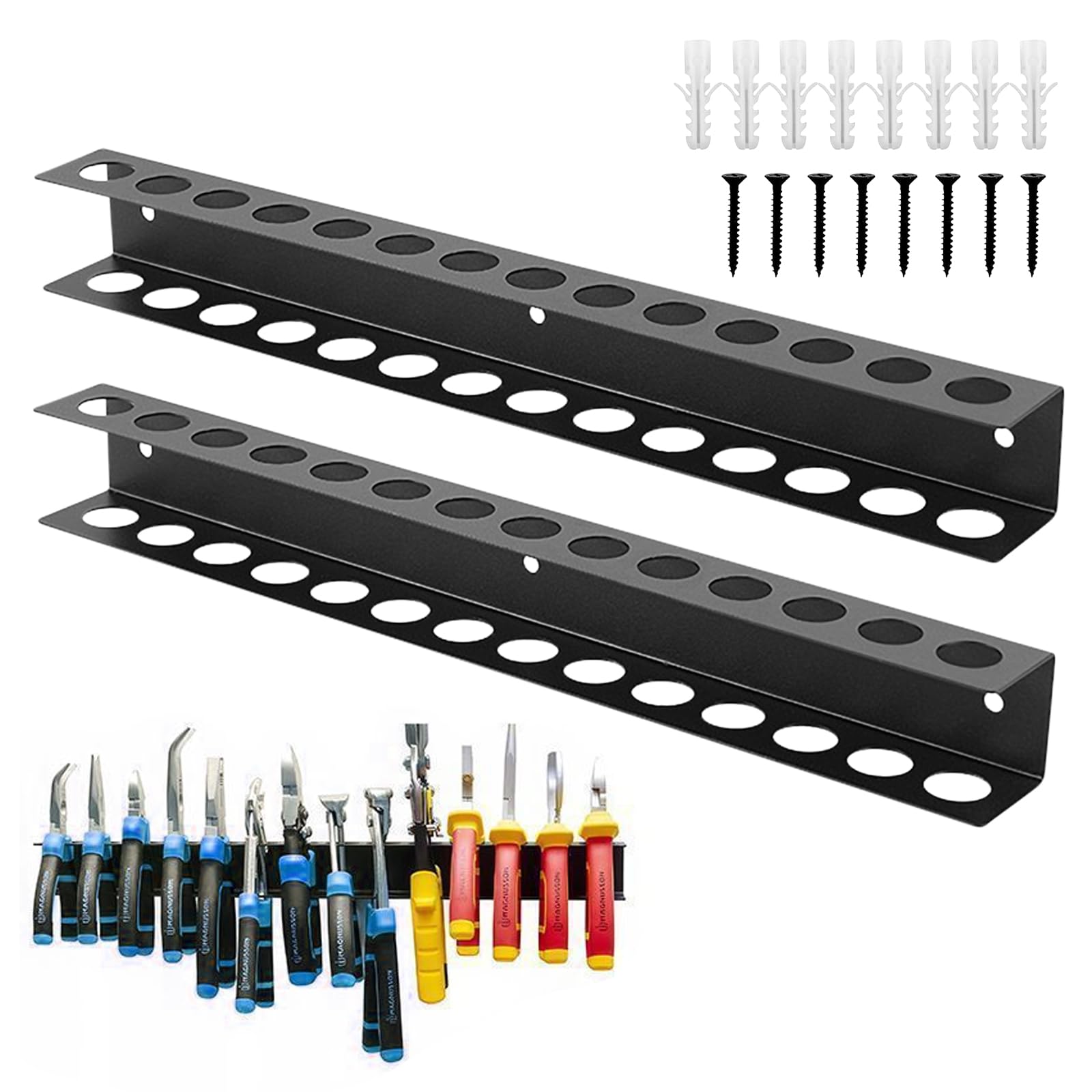AROMUJOY 2 Stück Werkzeughalter Wand, 40cm Schraubenzieher Halterung, Werkzeug Wandhalterung 14 Löcher, Zangenhalter Schraubendreher Halter für Garage, Werkstätten, Werkbänke, Schwarz