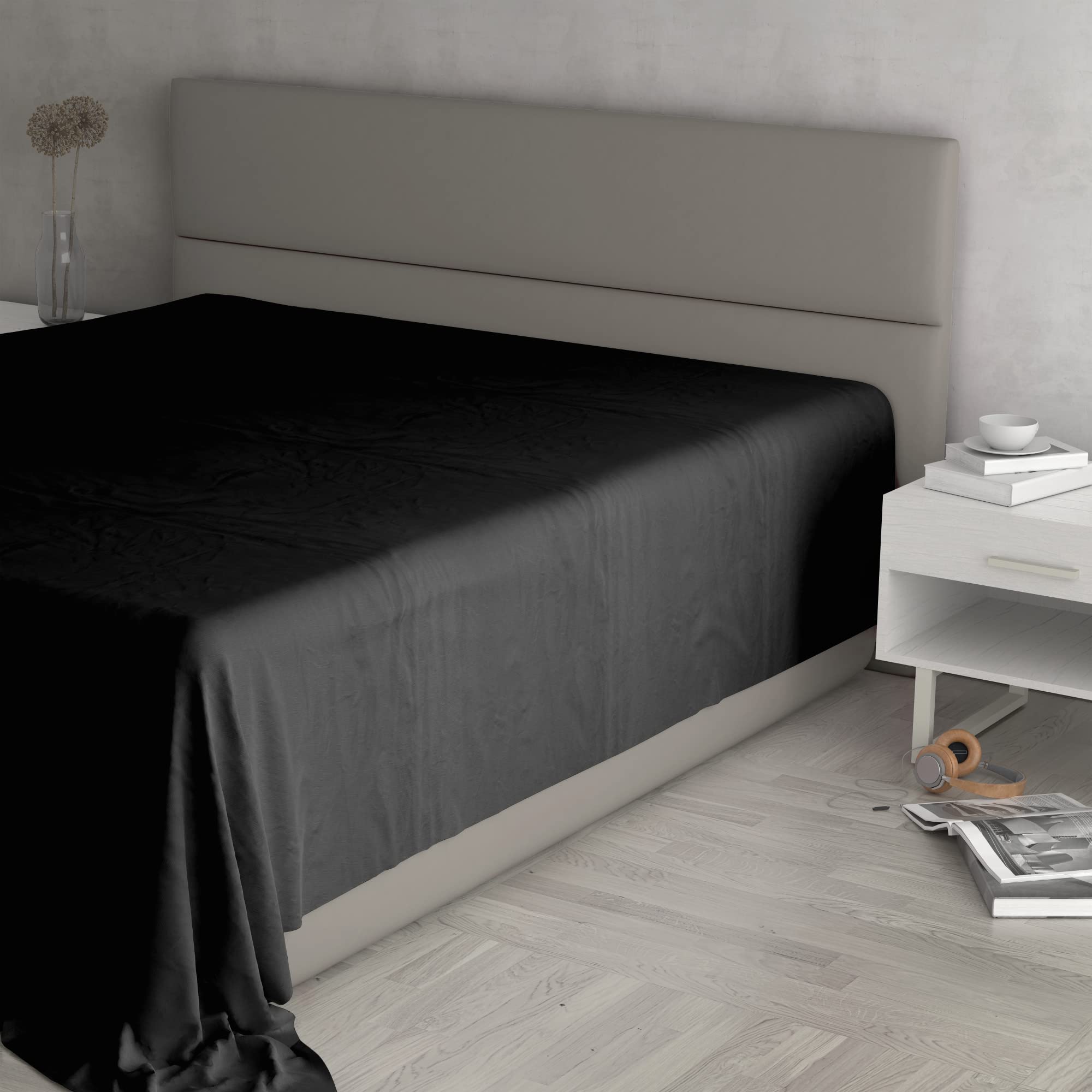 MAX COLOR Top Sheet, 100% Cotton, Plain, Black, Maxi Double 270 x 300 cm