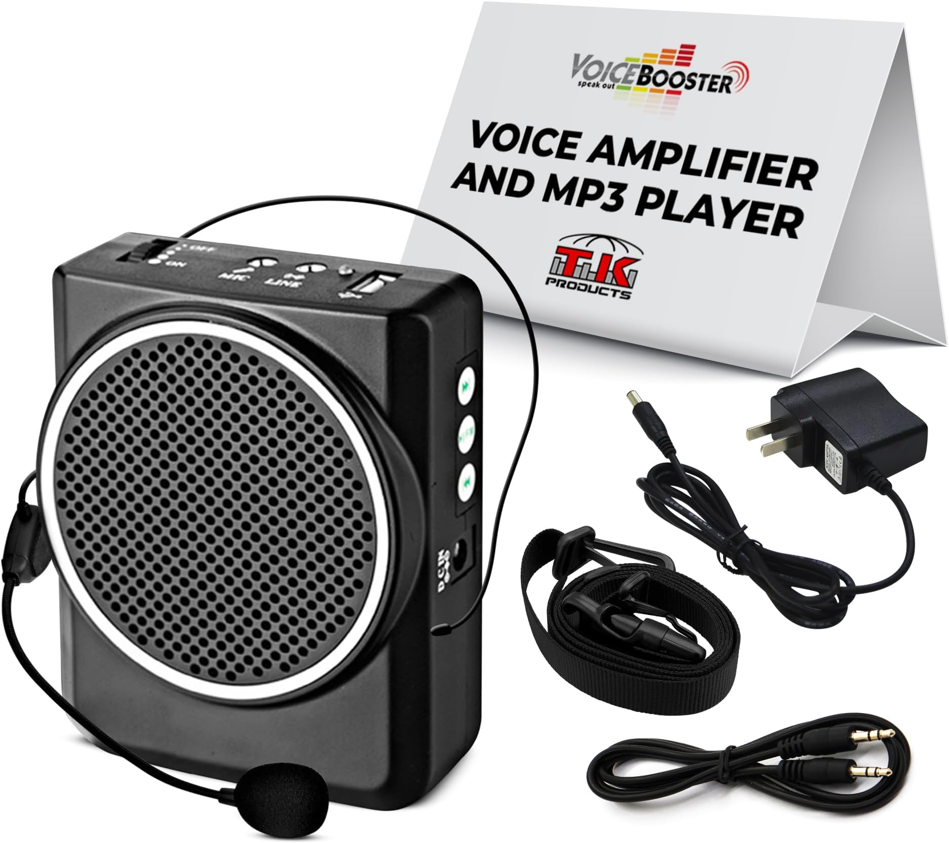 Personal Voice Amplifier – Rechargeable Portable Speaker with Microphone Headset for Classroom, Tour Guide, Presentations - Built-in MP3 Player & FM Radio – 12watt Black MR1700