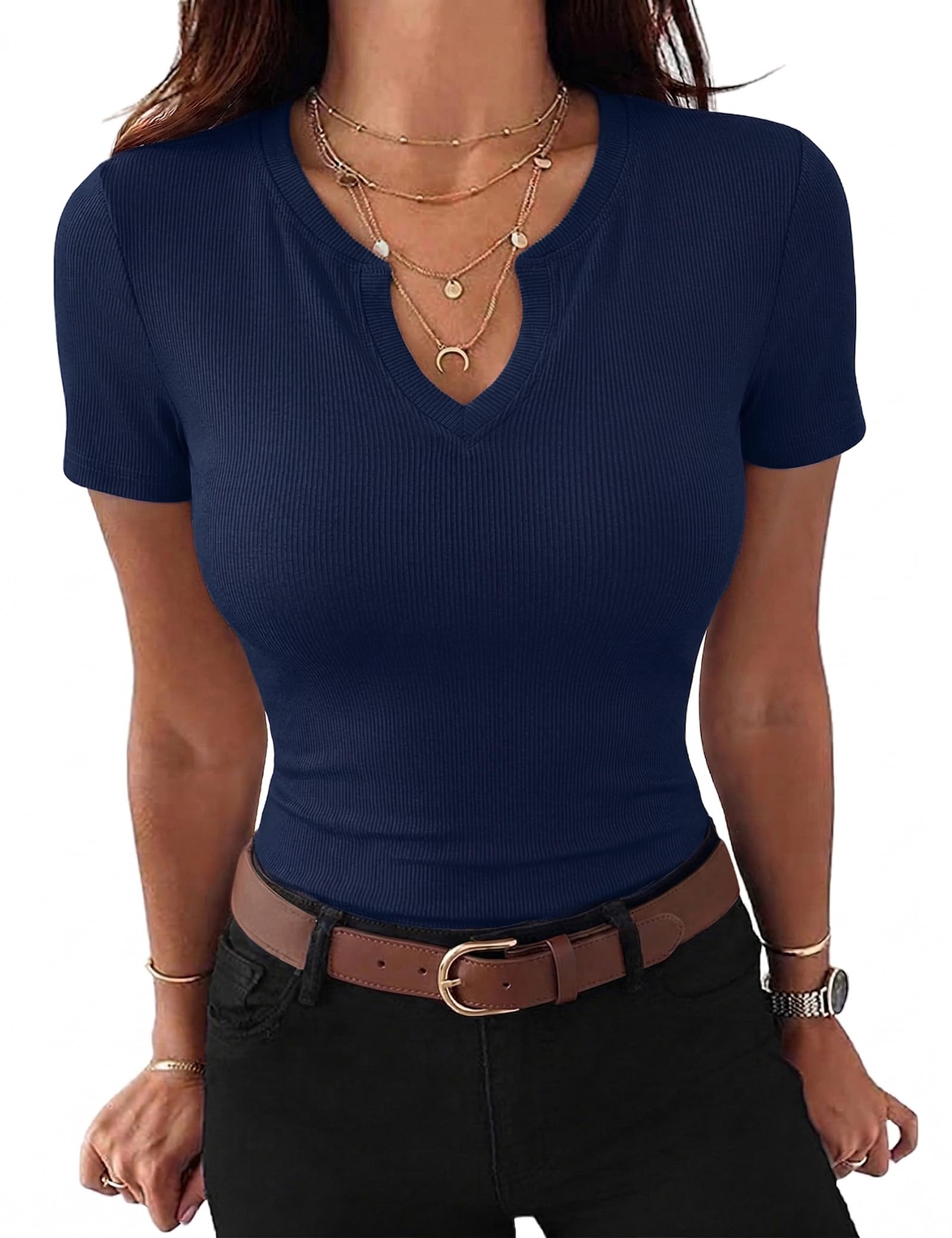 Gyabnw Damen T-Shirt V-Ausschnitt Elegant Gerippt Bluse Oberteil Kurzarm Basic Shirt Casual Sommer Top