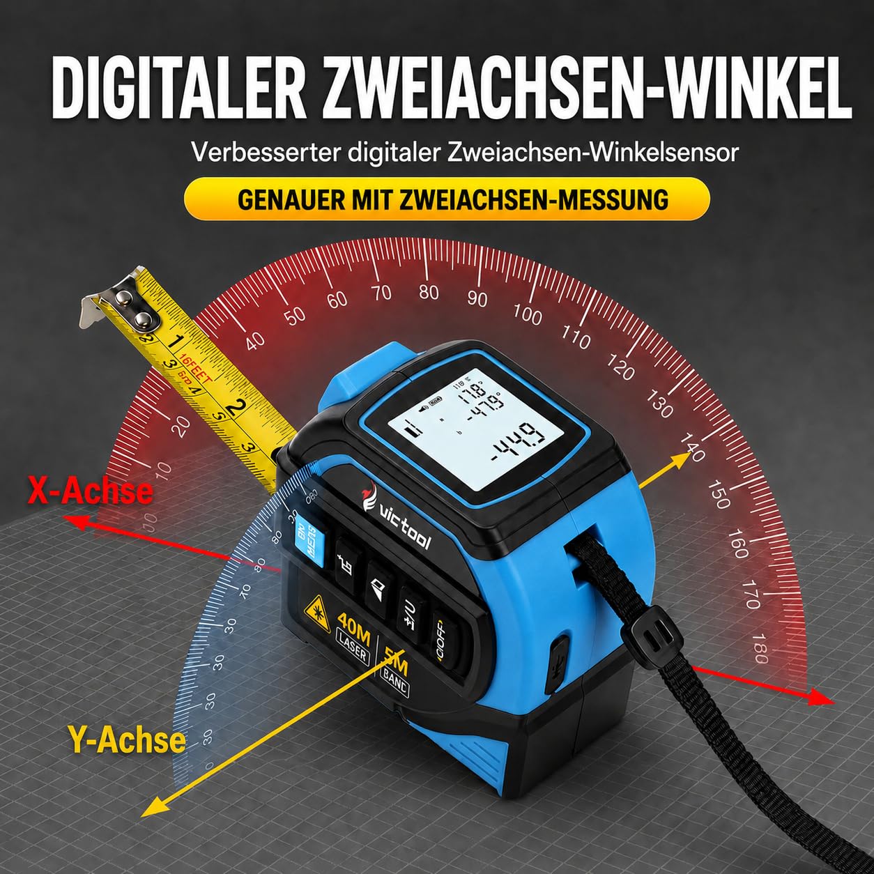 4-in-1 Laser Maßband 40m + 5m Bandmaß, Wiederaufladbarer Laser-Entfernungsmesser mit Wasserwaage und Kreuzlaser, IP54 Wasserdicht Digital Massband, für Heimwerker und Profis