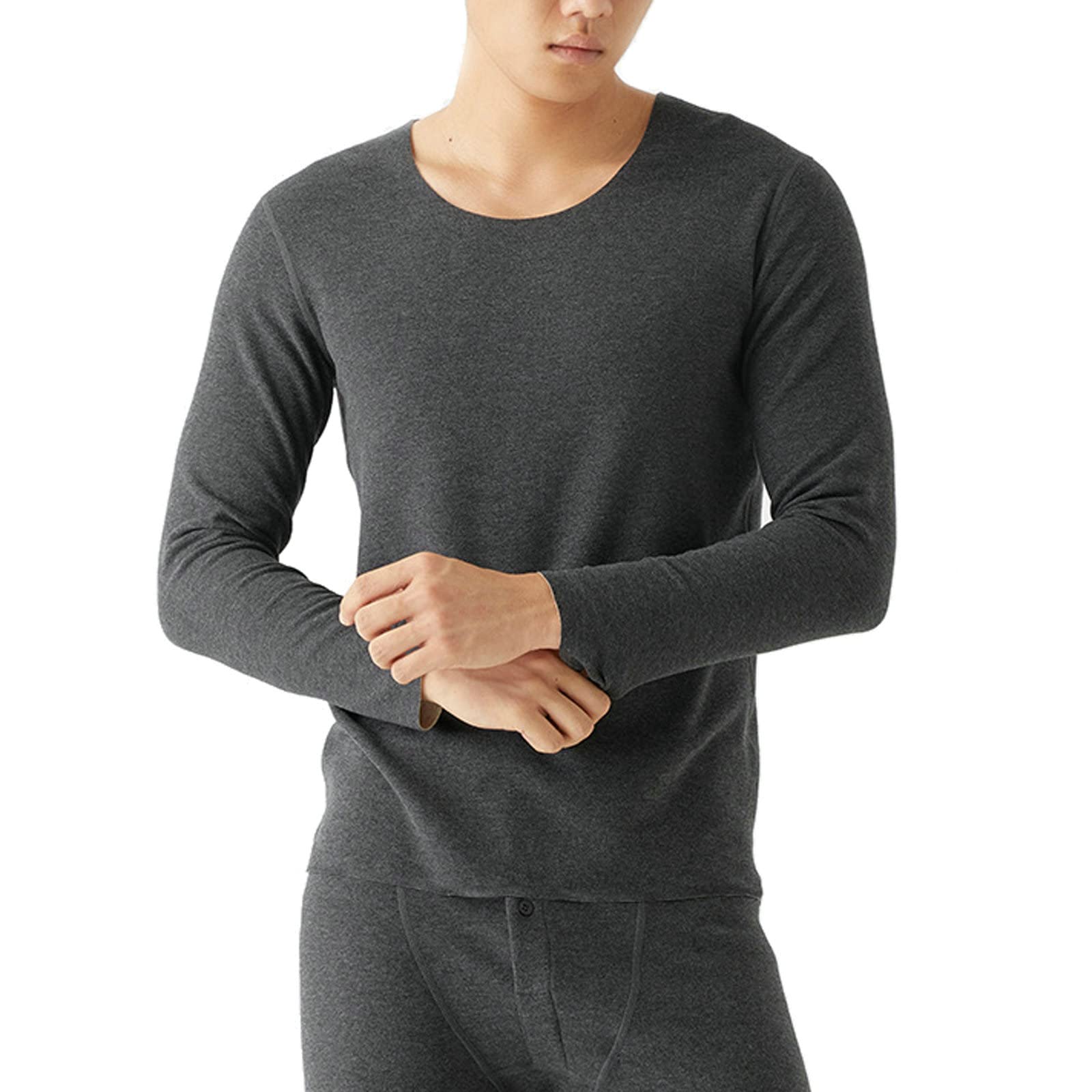 Aeici Ropa interior Térmica Hombre Fibra Acrílico Cuello Redondo Top Manga Larga Hombre Gris Oscuro