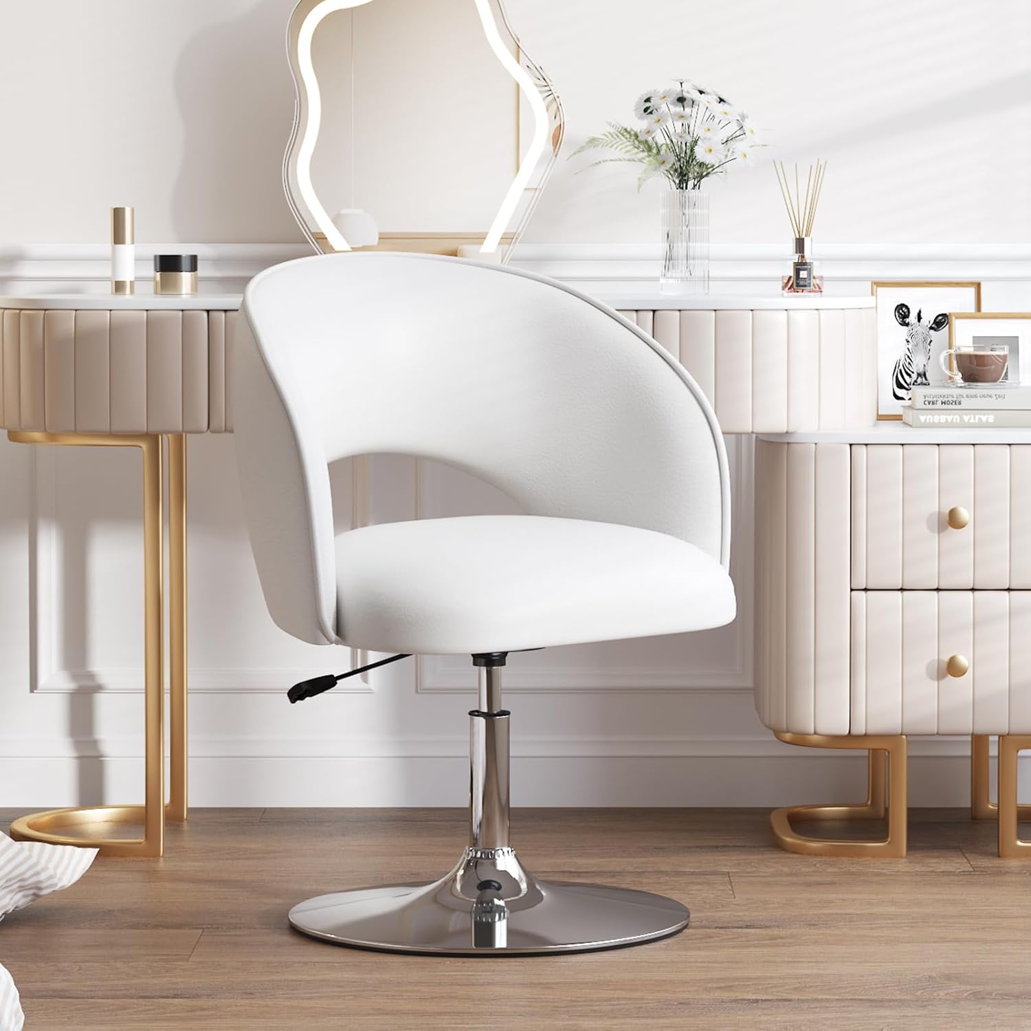 Furniliving Vanity Chair with Arm, PU Leather Chair for Vanity, Swivel Accent Chair, Adjustable Height Makeup Chair with Chrome Base, Living Room Chair for Bedroom, Makeup Room, Study Room, IvoryWhite Hollow-ivorywhite
