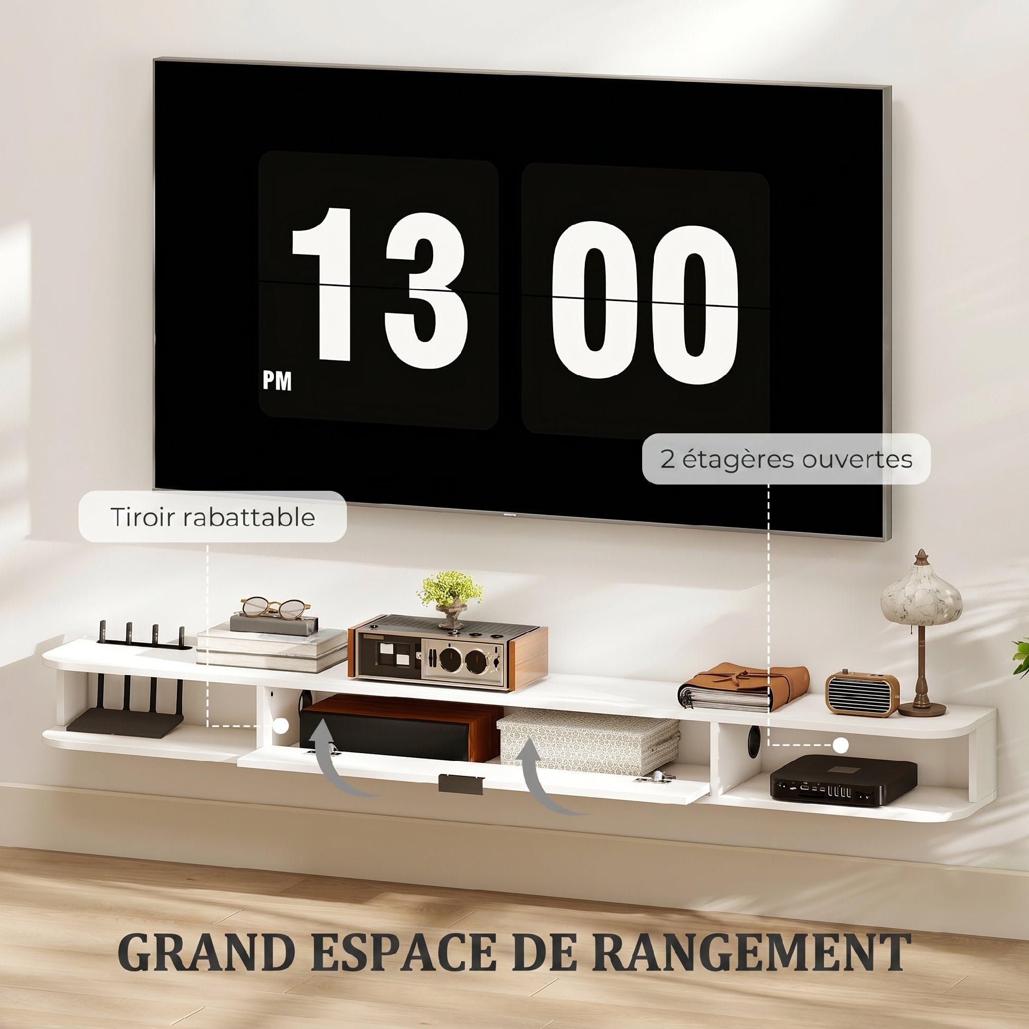 HOMCOM 71" Supporto TV sospeso per TV fino a 75" Bianco venatura legno