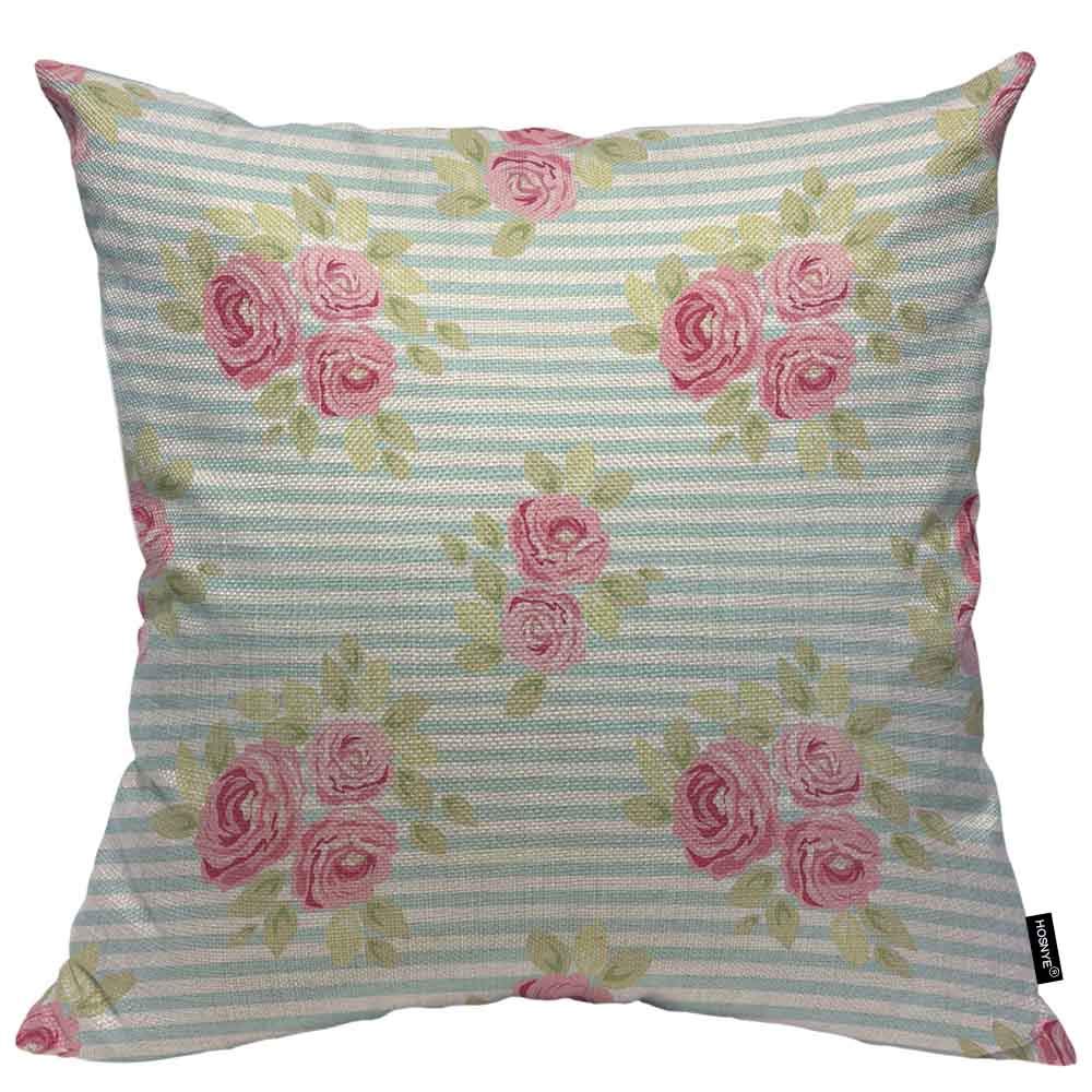 HOSNYE Roses and Stripes Throw Pillow Case 16x16 Cute Shabby Chic Kitchen Textile Or Bed Linen Fabric Pillow Cushion Cover Decorative Waist Home Decorations
