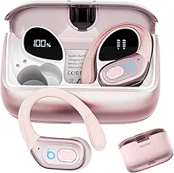 Basike Fone de Ouvido Sem Fio Esportivo BLuetooth 5.3 TWS，Tela LED Dupla, 3 Tamanhos Tampões Ouvido Intercambiáveis, Suporta chamadas de voz, adequadas para Android e IOS (Ouro Posa)