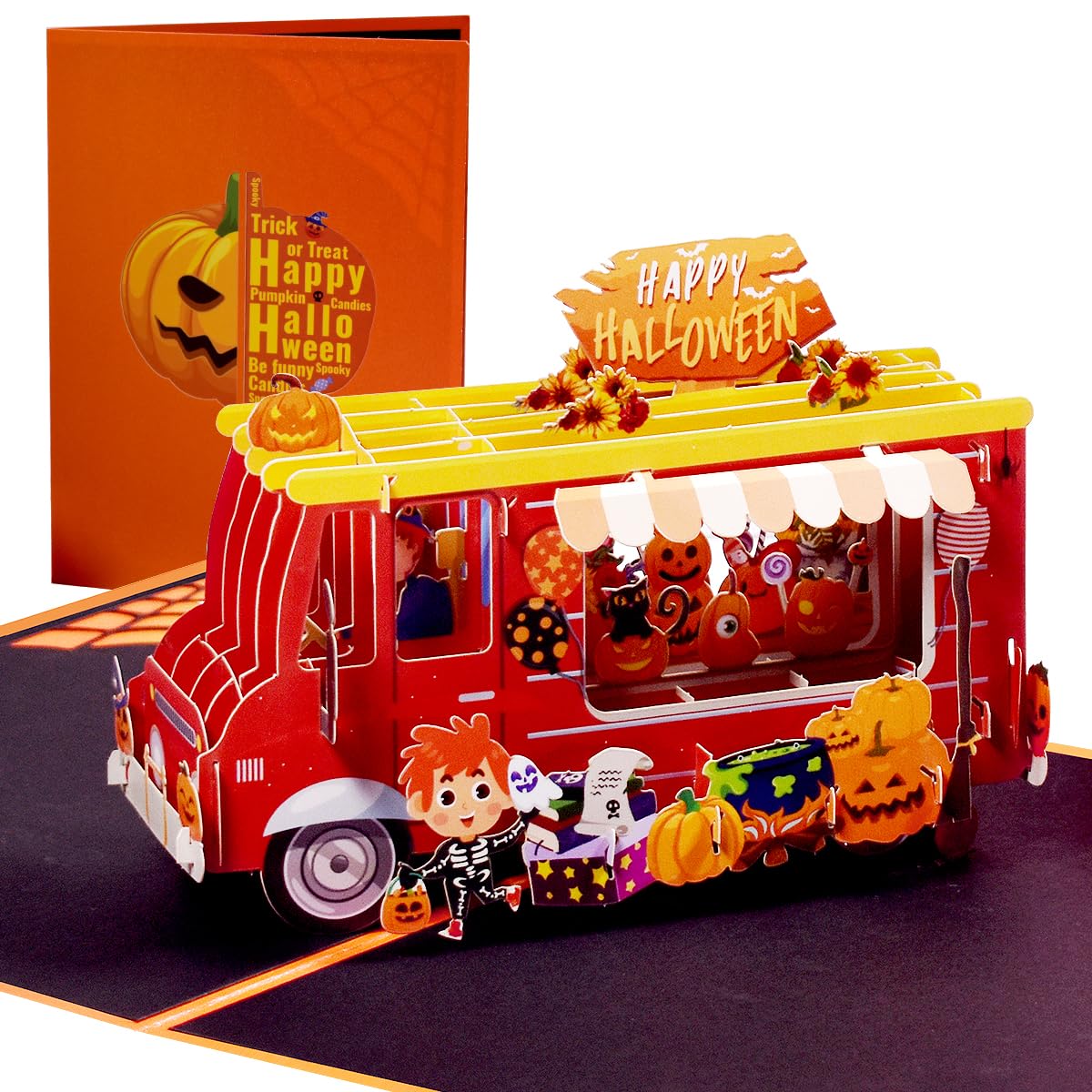 CNLITIHEKA Pumpkin Truck Halloween Pop Up Card, Trick or Treat Card, Happy Halloween Cards
