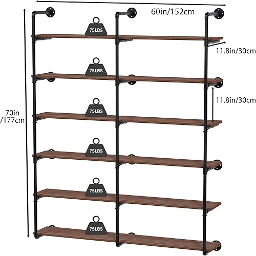 Miniatura 3 de Estantes industriales de 6 niveles con tablones de madera, estantería de tubo de hierro de 60 pulgadas, estantería retro montada en la pared,