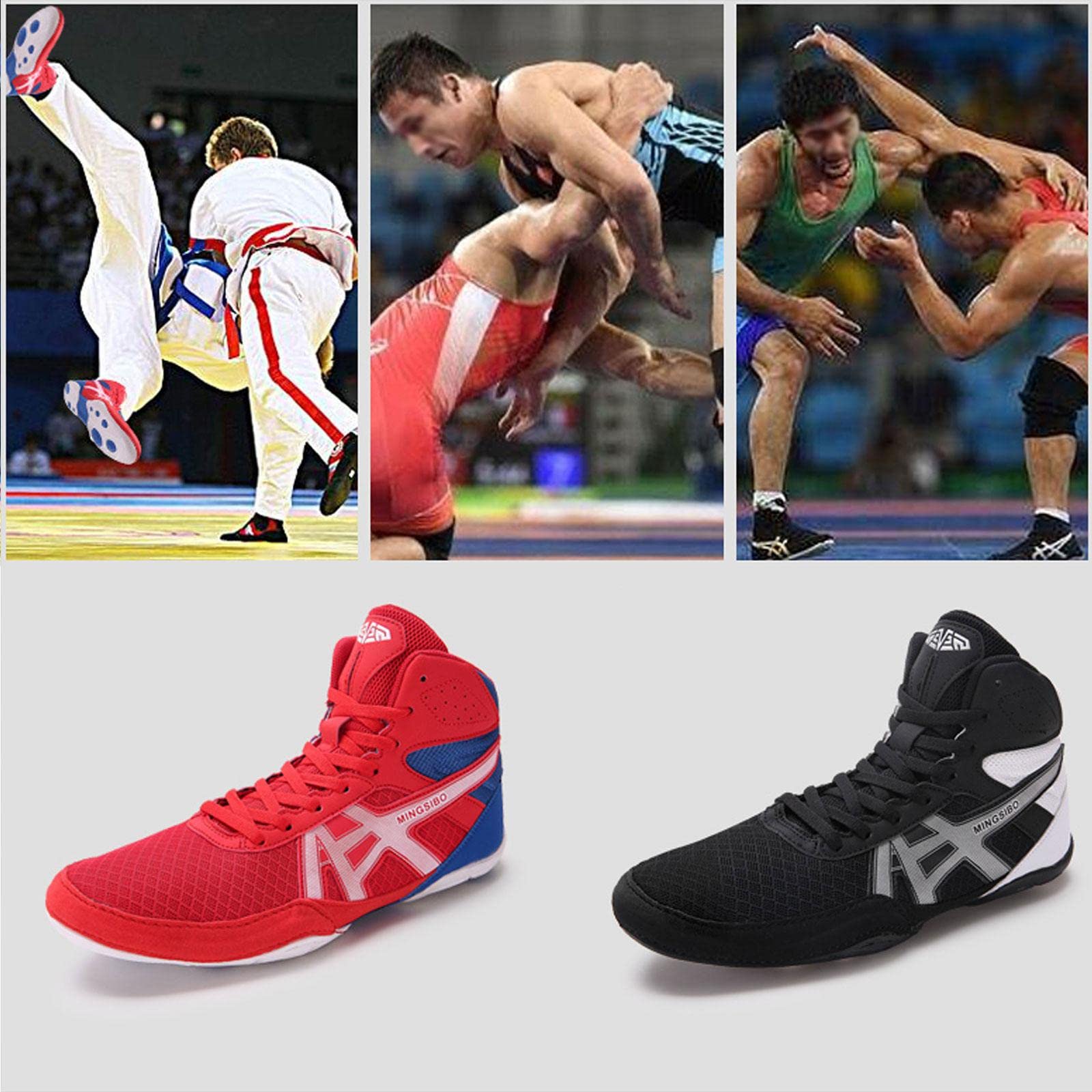 TECDOTO Herren Boxschuhe Sparring Boxer Trainer Schuhe, Kniebeugenschuhe mit Knöchelschutz Ringerschuhe Squat Buffer Schuhe für Das Fitnessstudio,Black-43EU