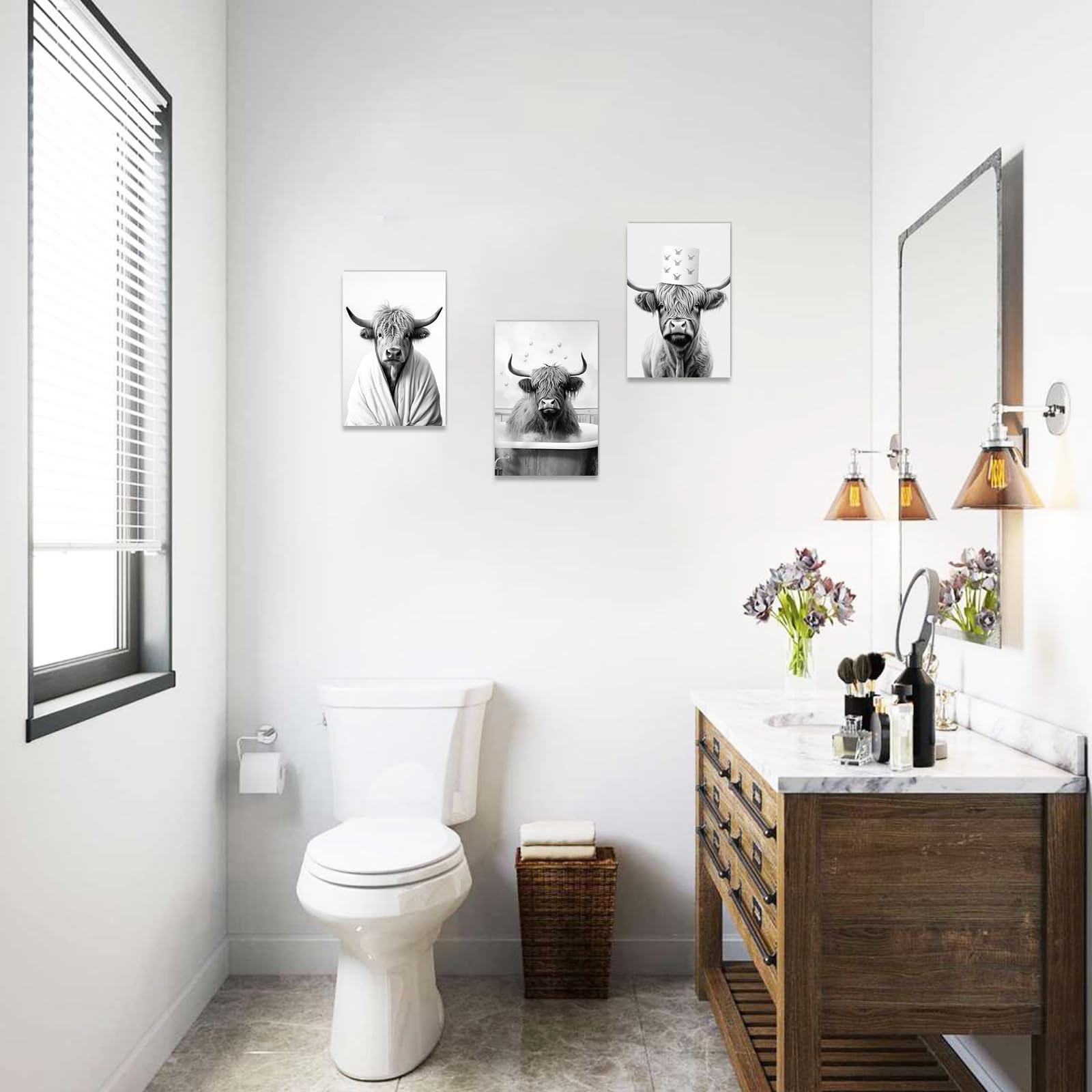 CCWACPP Bathroom Animal Wall Art Set of 3 Funny Black and White Highland Cattle Canvas Print Cow Pictures Wall Decor On Toilet Poster Framed (30x40cmx3 - Image 4