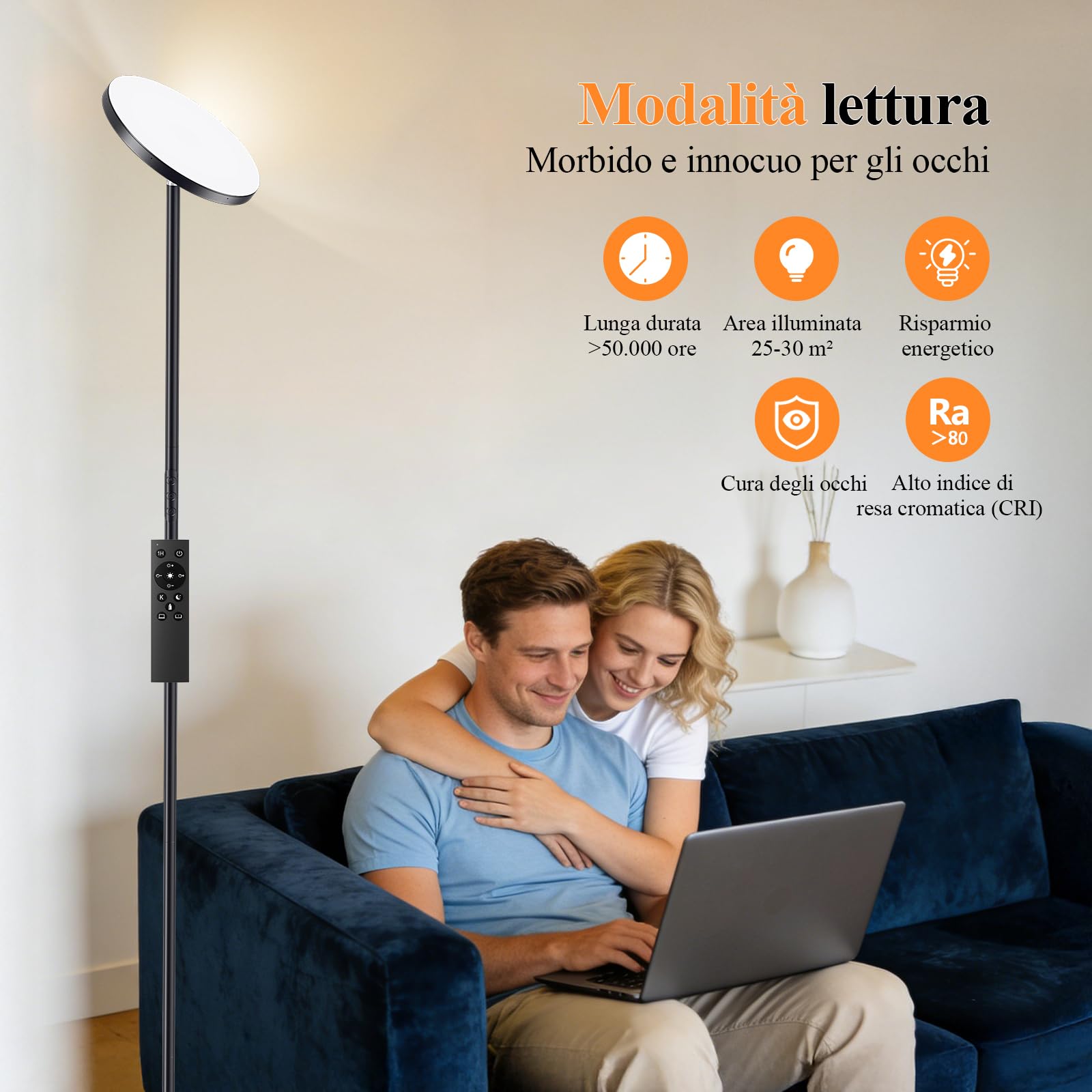 Lampada da terra dimmerabile LED 36 W, moderna lampada da soffitto con 2700 K-6500 K, dimmerabile, con telecomando e controllo touch per soggiorno, camera da letto, ufficio