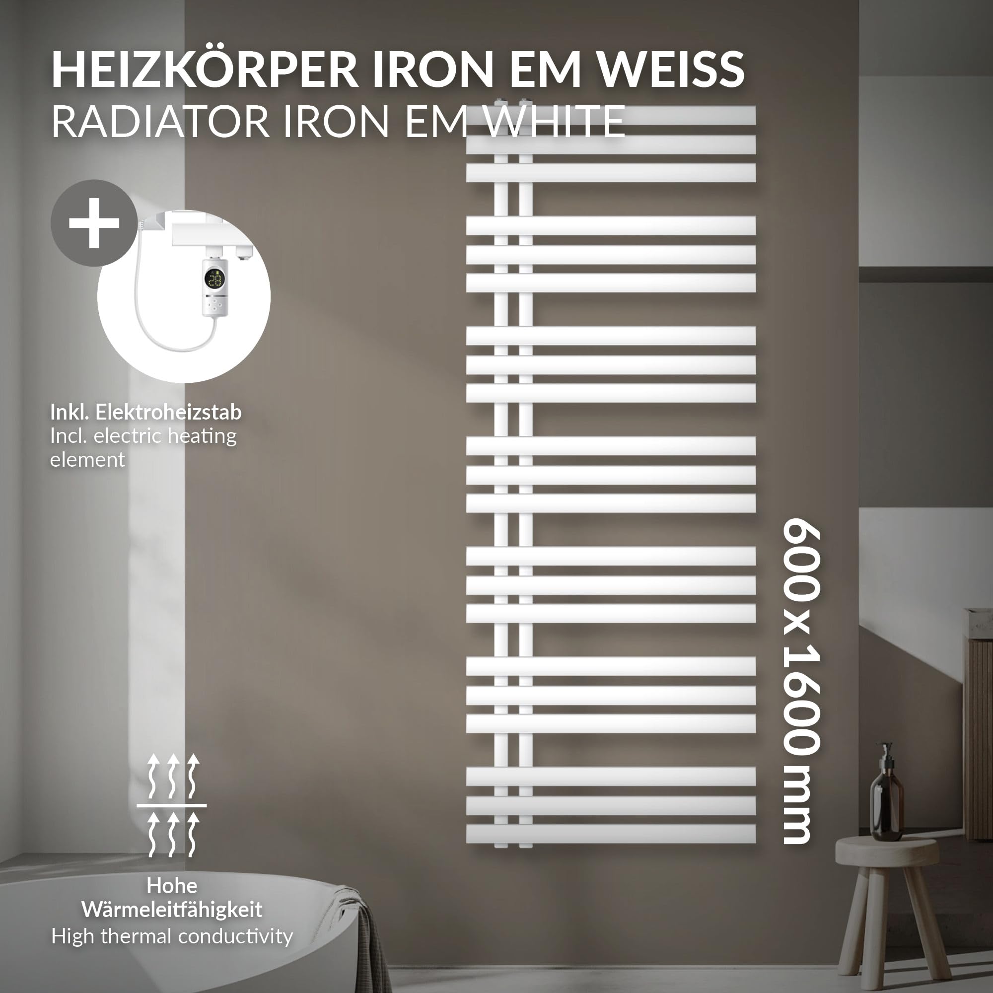 LuxeBath Radiador Eléctrico Iron EM 600 x 1600 mm Blanco, Estufa Toallera Vertical con Elemento Calefactor 900W Termostato de Pantalla Digital, Calentador de Pared de Diseño Moderno para Baño