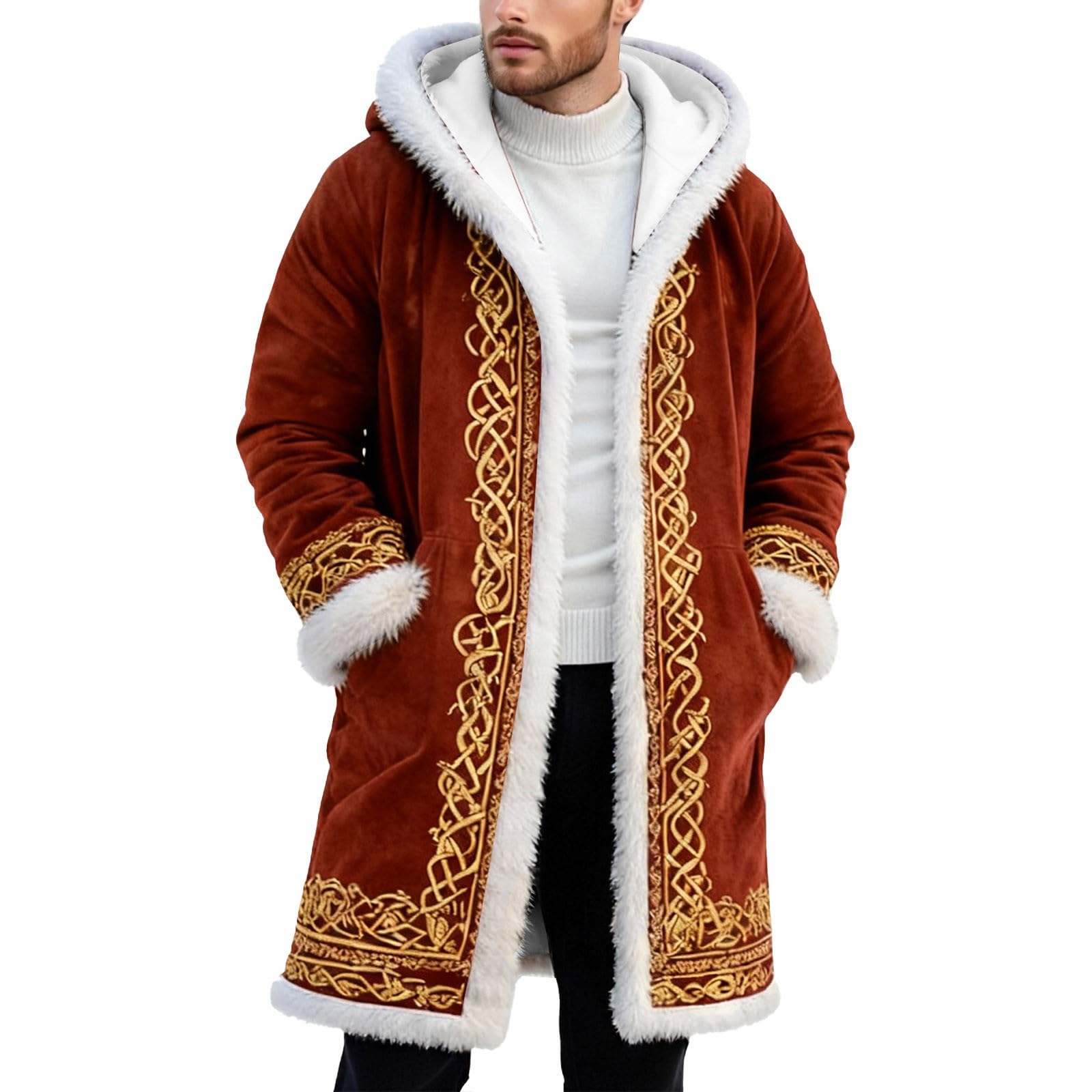 Santa Claus Costume Men's Christmas Costume Men's Funny Christmas Fleece Hoodie Oversize Christmas Jacket Warm Soft Cardigan Festive Party Coat Xmas Hooded Coat with Hood, O khaki., S