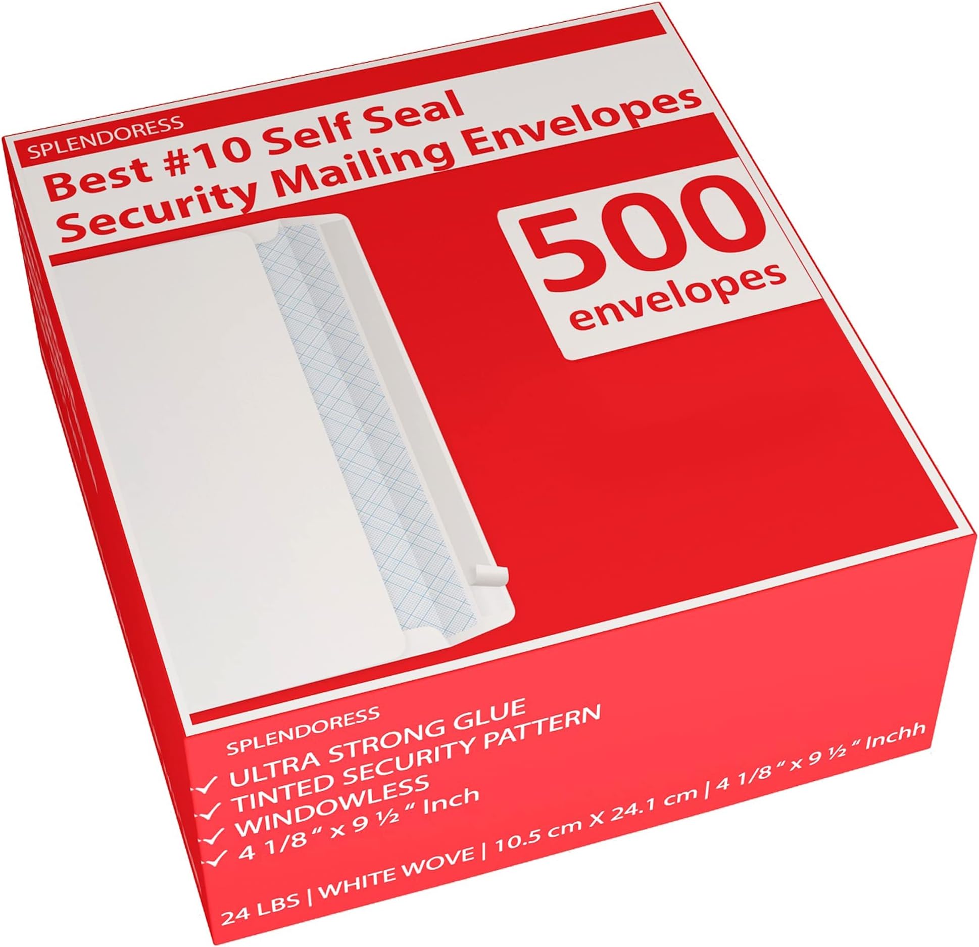 - #10 Envelopes Letter Size Self Seal | 500 Business Mailing Security Peel and Sealing Envelope | 100% Tinted | no 10 White Windowless Legal Regular Plain Envelops Pack | 4-1/8 x 9-1/2 Inches | 24 LB